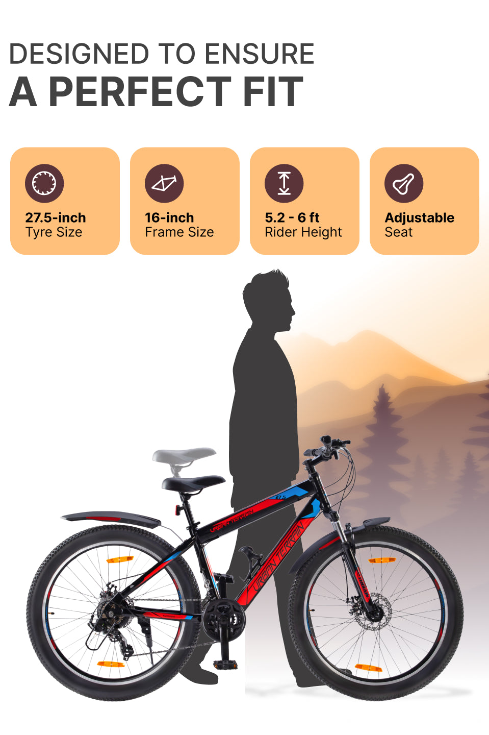 UT2000 Mountain Bike Steel 21 Speed Cycle Shimano Gear 27.5 inch Tyre, Red With Front Suspension, Double Wall Rim and Dual Disc Brakes Ideal For 5.2 ft to 6 ft