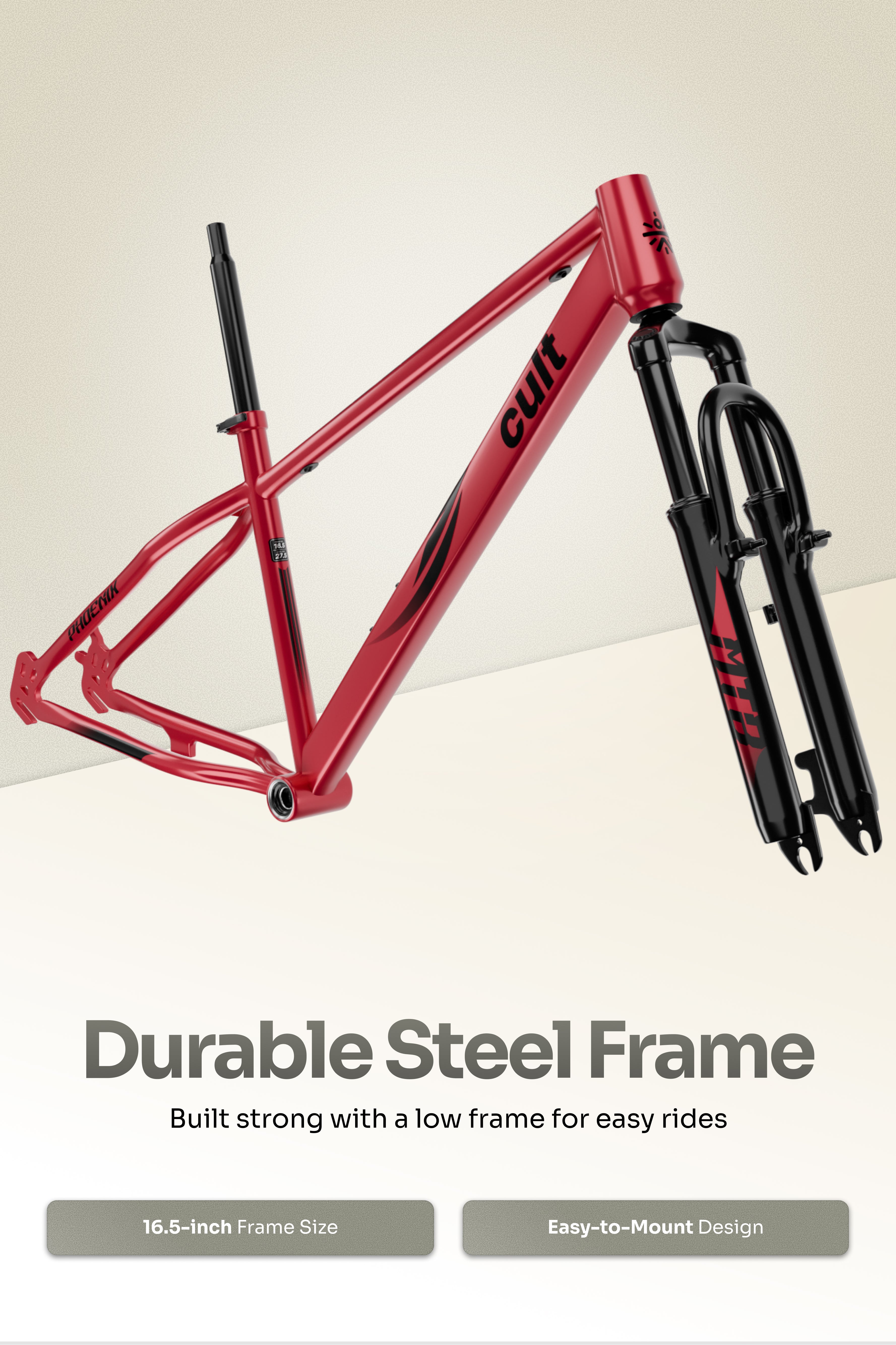 Cult Phoenix 29T Steel Mountain Bike with Dual Disc Brake and Front Suspension, Red