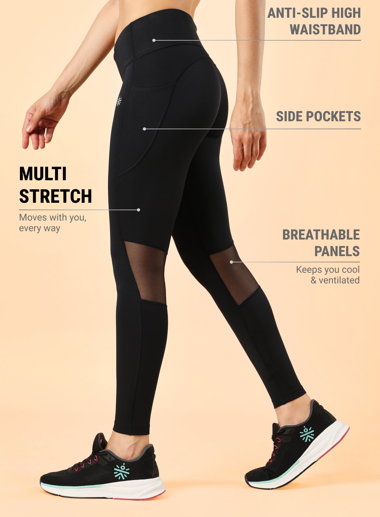 Mesh Panel Solid Leggings with Pocket