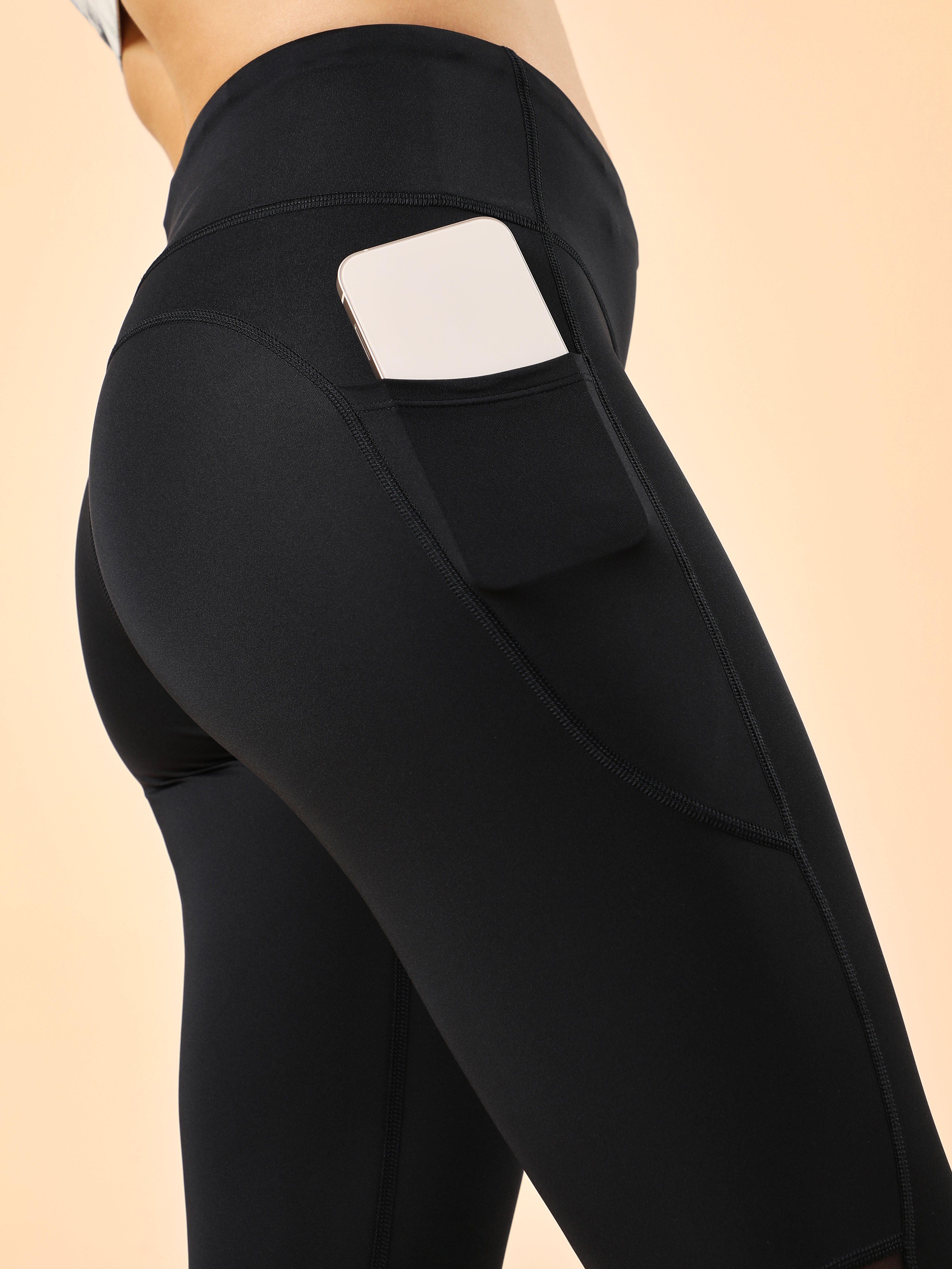 Mesh Panel Solid Leggings with Pocket