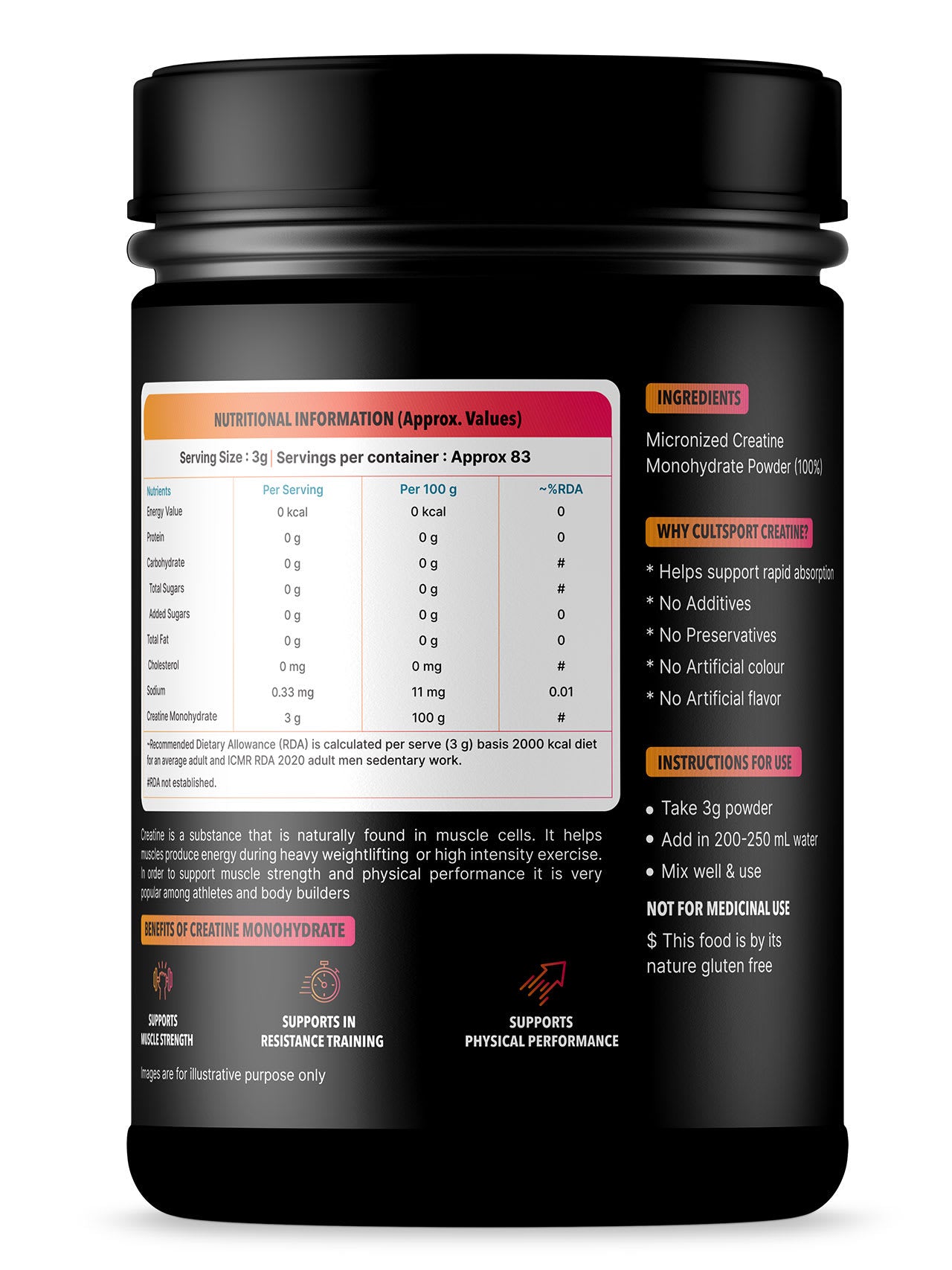 Cultsport Creatine Monohydrate 250 g | Micronised | 100% Vegetarian | Unflavoured | Dairy-Free | Gluten-Free