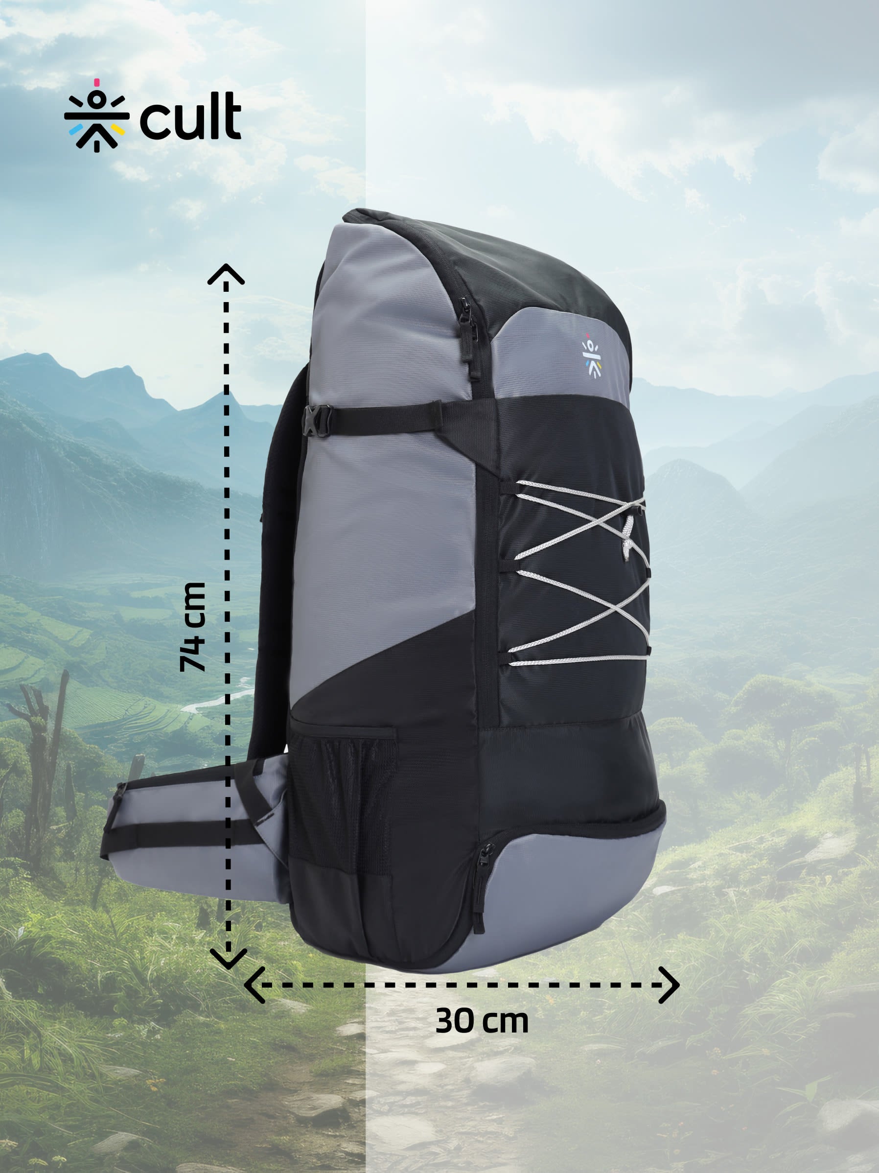 cult 65 Litre Travel Backpack Hiking Trekking Bag Camping Rucksack with Water Proof Rain Cover, Shoe Compartment Grey 