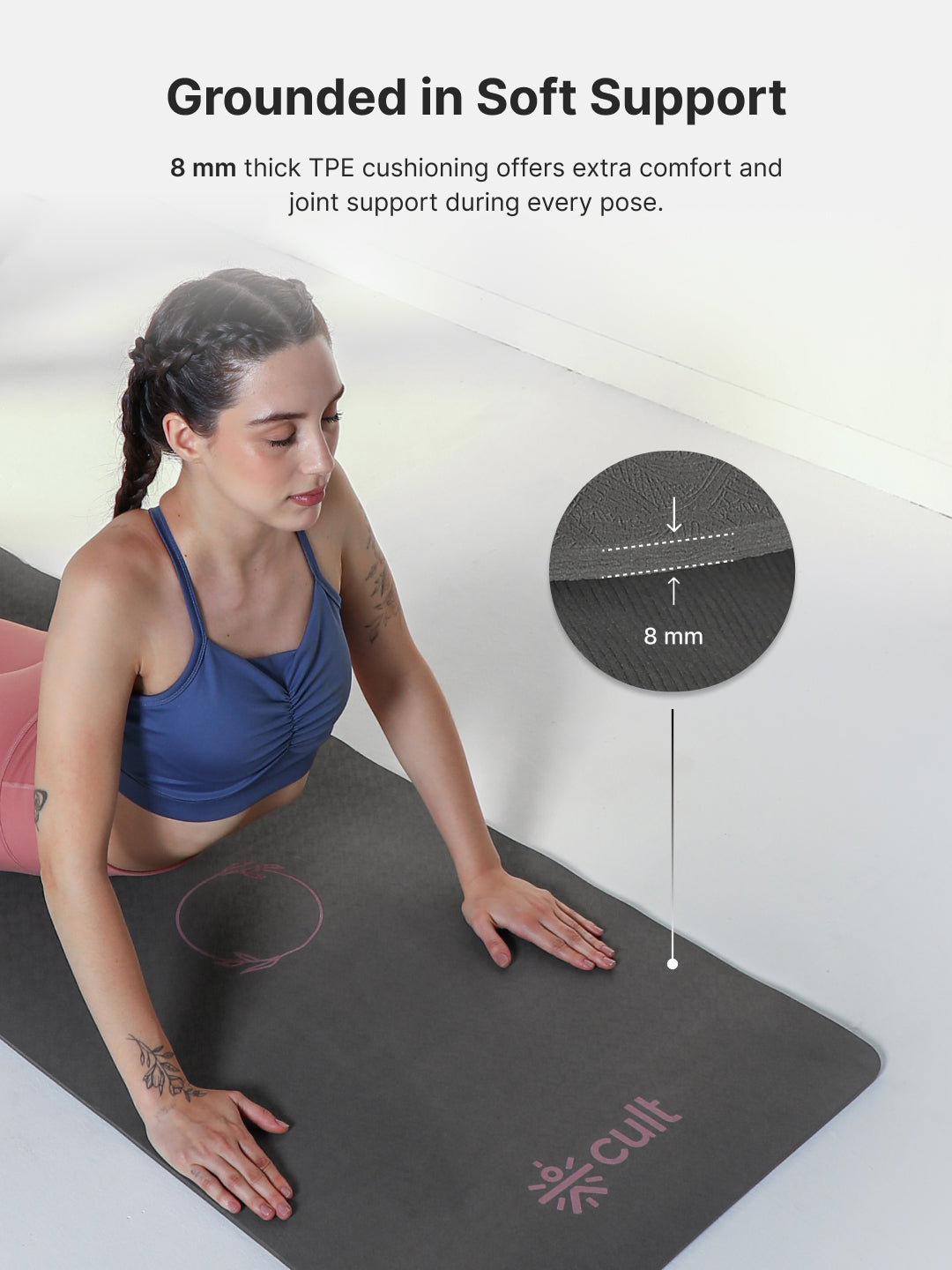 CULT Ultra Cushioned 8mm TPE Yoga & Pilates Mat Eco-Friendly, Skin-Friendly, Anti-Skid, Tear-Resistant, Lightweight & Portable with Carry Strap and Bag Ideal for Home, Gym & Outdoor Workouts - Dark Grey