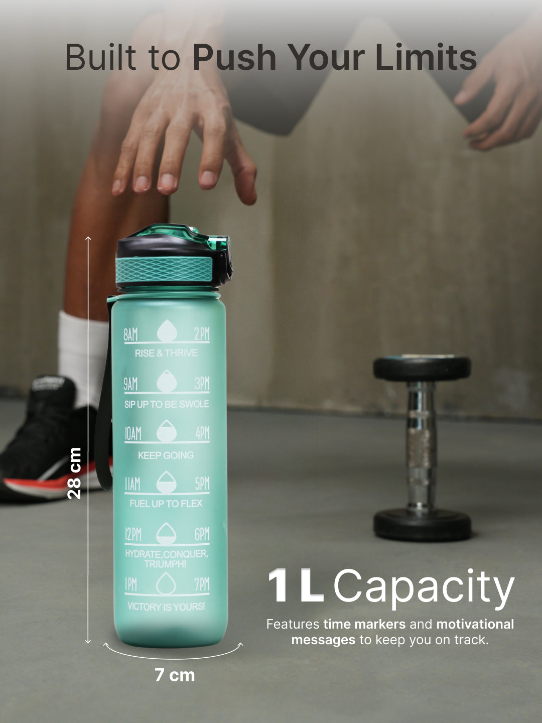 cult Motivational Bottle 1L Unisex Time Mark Sipper with Straw Mint Green