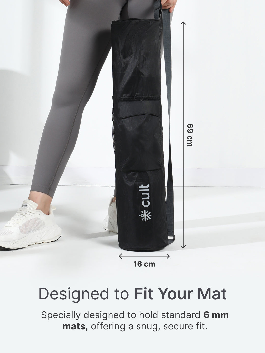 cult Yoga Mat Bag Black with Adjustable Shoulder Strap Fits Up to 6mm Mat