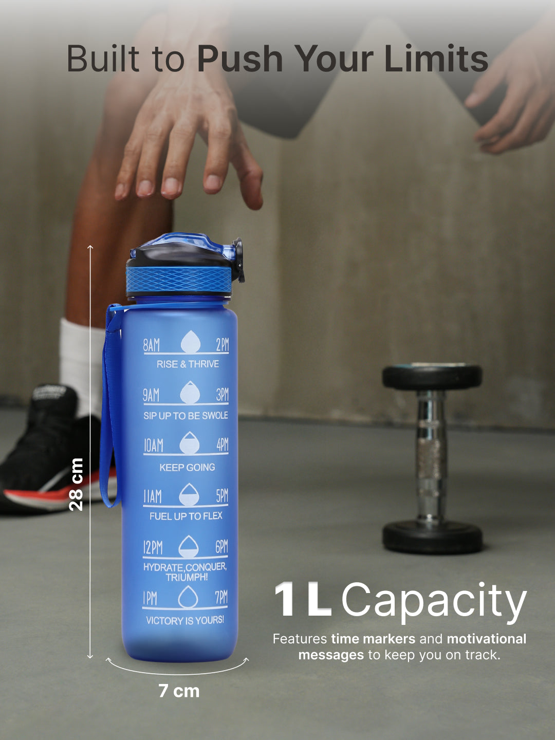 cult Motivational Bottle 1L Unisex Time Mark Sipper with Straw Blue