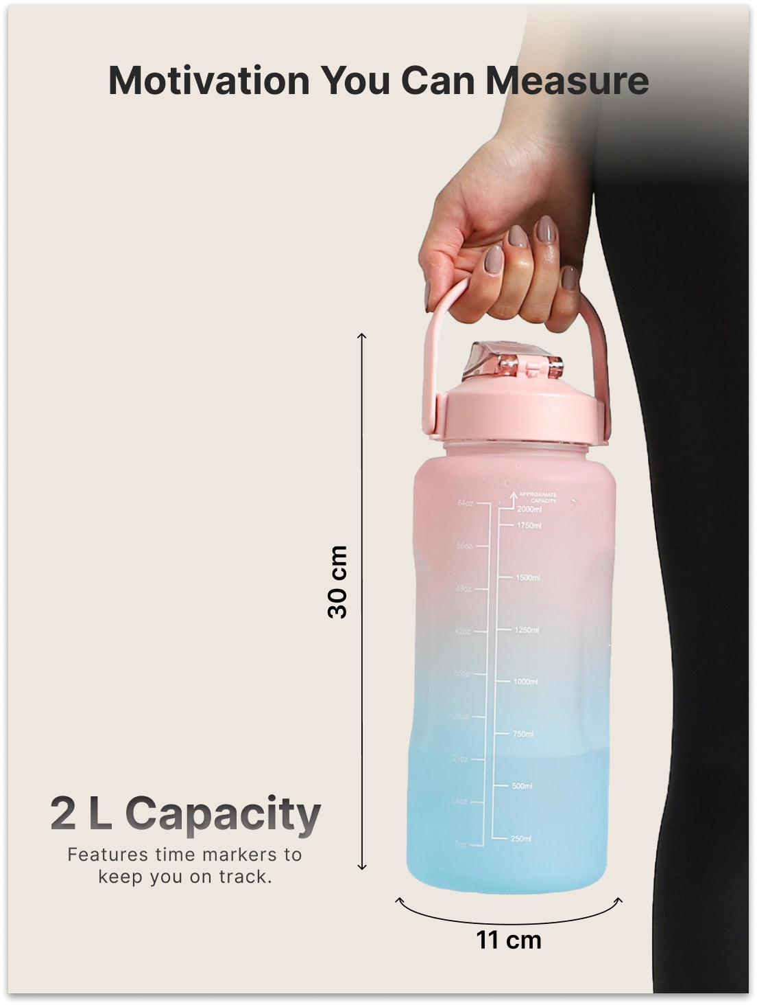 CULT Motivational Water Bottle 2L with Time Marker & Straw Large BPA-Free Gym Sipper Bottle, Portable Sports Water Bottle for Men & Women (Pink Blue)