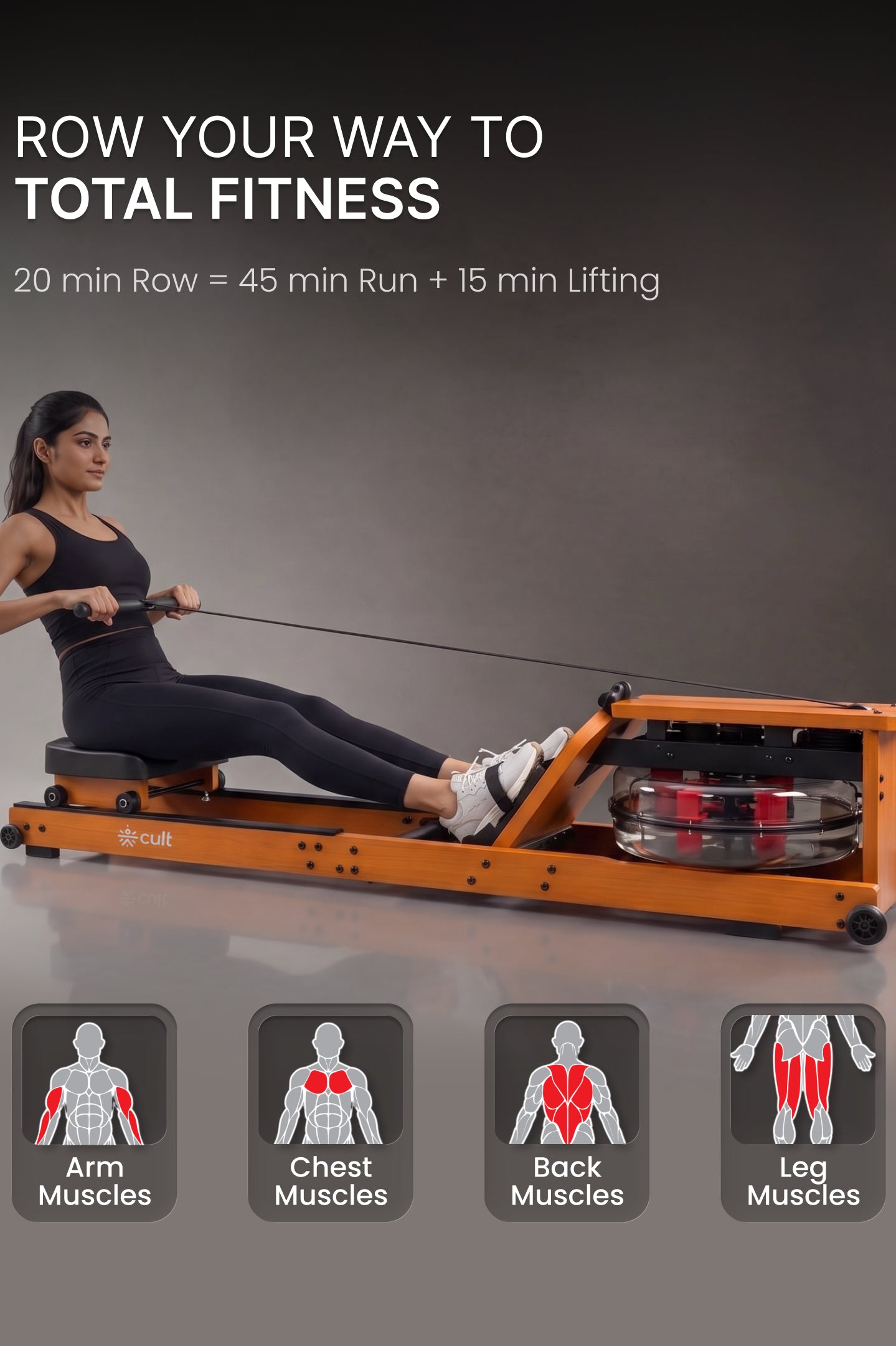 Cult Smart Water Rowing Machine for Home Gym | Dual Resistance | 32-Level Magnetic Resistance | Foldable Wooden Rowing Machine | 120 kg Capacity | Compact & Foldable Design