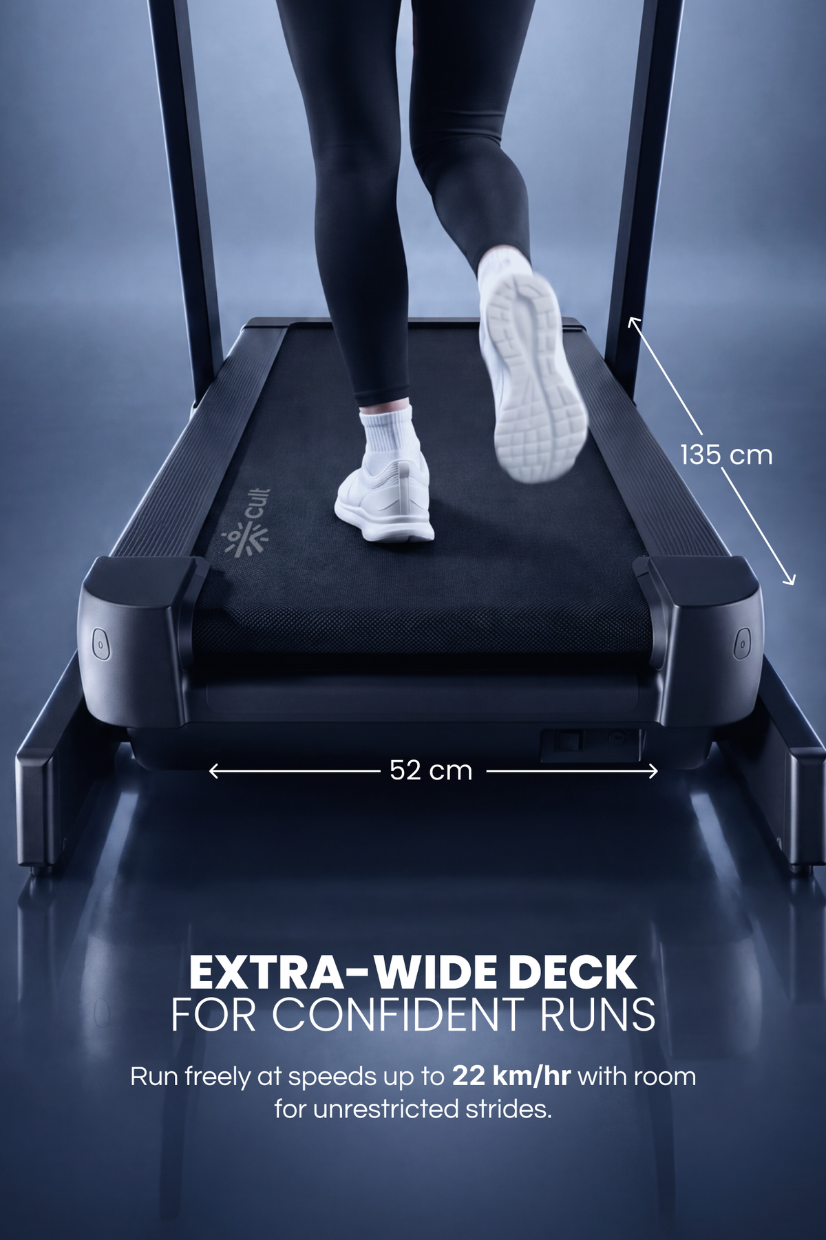Cult Optima Motorized Treadmill | 48 Levels Incline & 6 Level Decline| Max Speed - 22 km/hr | Max Weight - 150kgs | Shock Absorption for Knee Protection | LED Touchscreen | Wireless Charging | Black