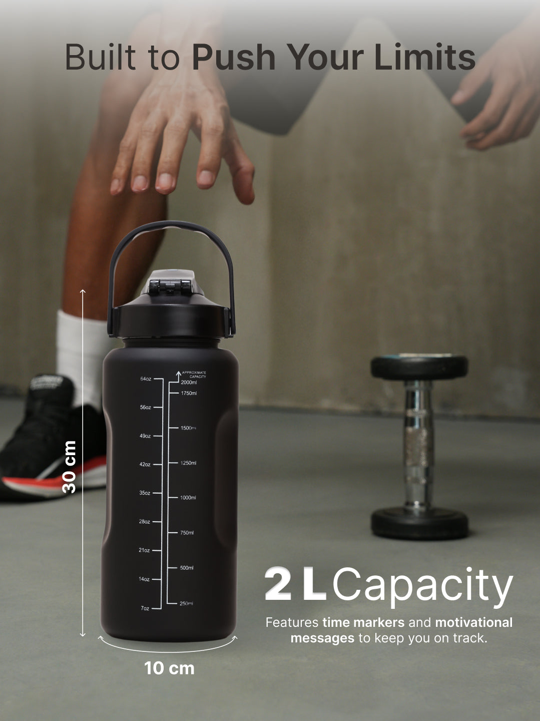 cult Motivational Bottle 2L Unisex Time Mark Sipper with Straw Black