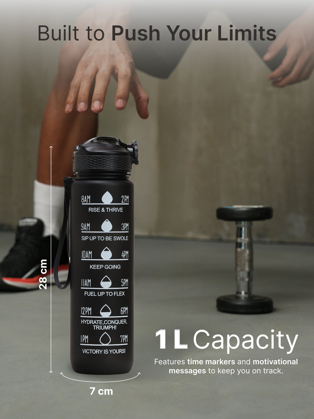 cult Motivational Bottle 1L Unisex Time Mark Sipper with Straw Black