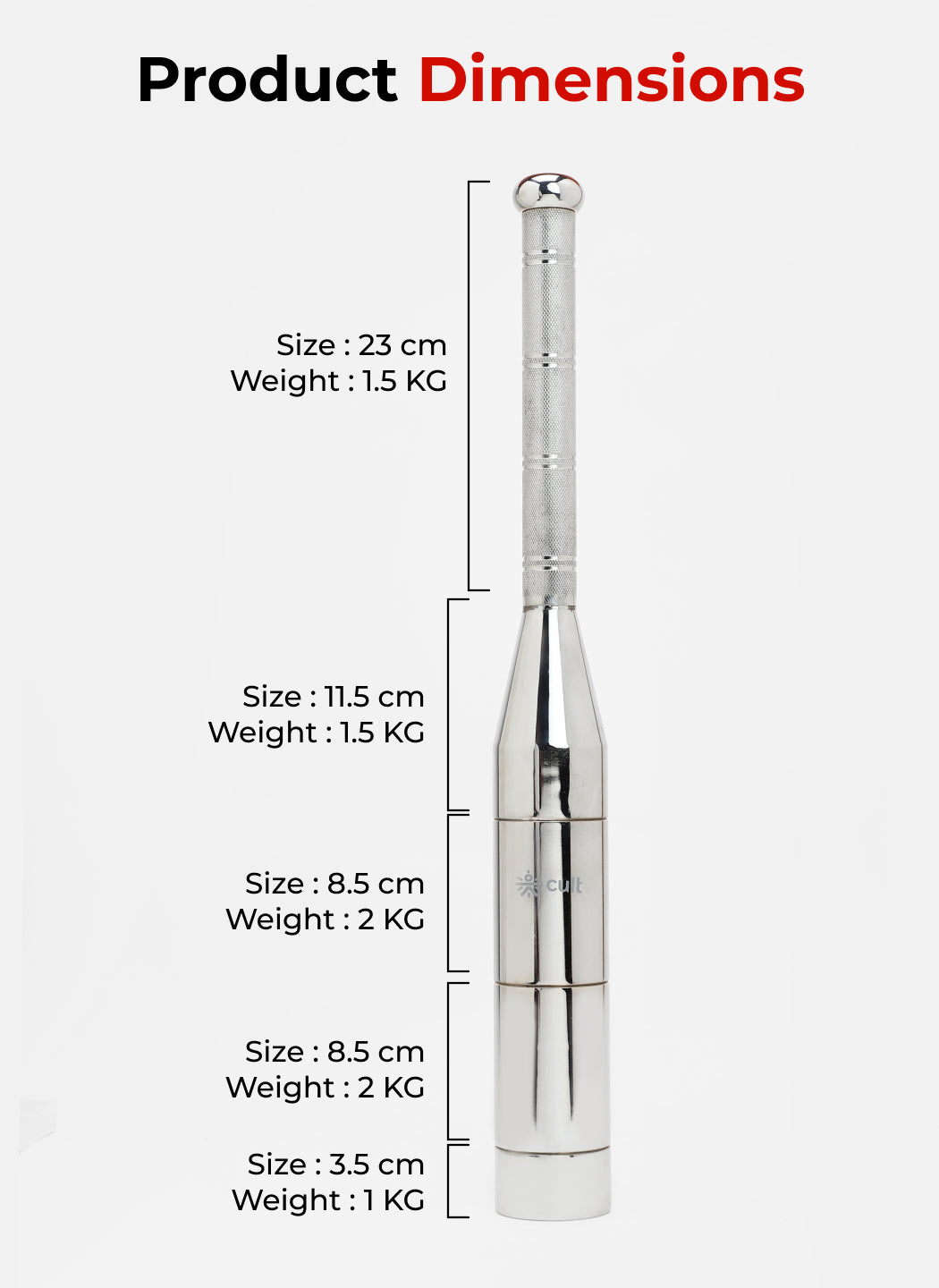 Cult 6-in-1 Adjustable Steel 8KG Mudgar for Full Body Training | Silver Indian Clubs (8 kg)