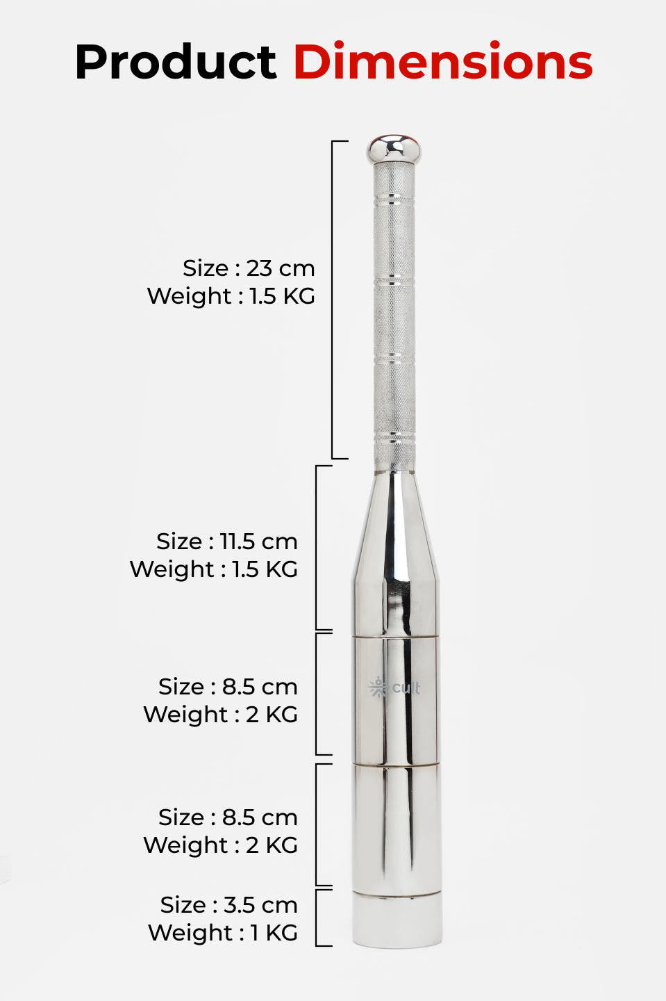 Cult 6-in-1 Adjustable Steel 8KG Mudgar for Full Body Training | Silver Indian Clubs (8 kg)