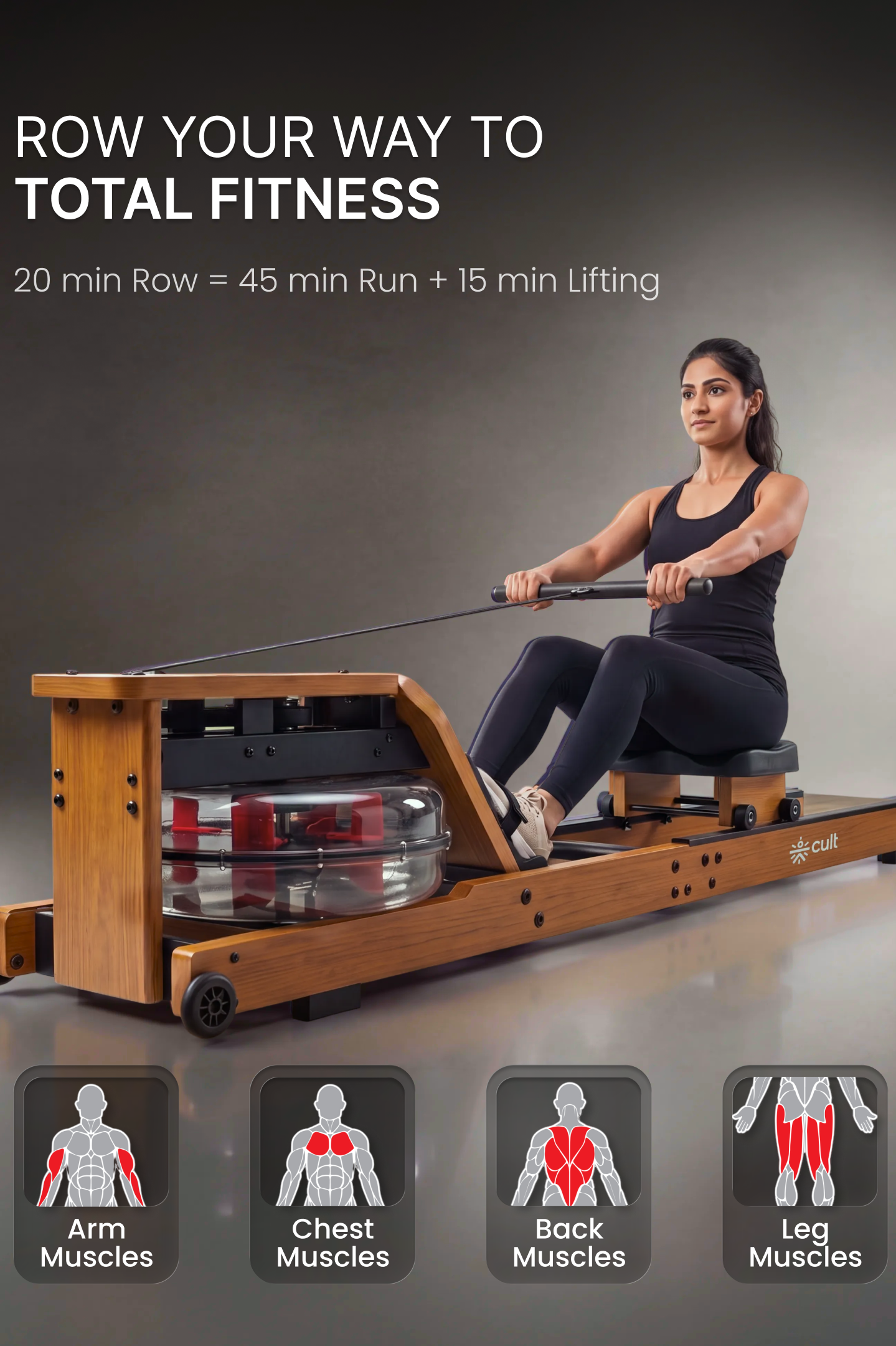 Cult Smart Water Rowing Machine for Home Gym | Dual Resistance | 32-Level Magnetic Resistance | Foldable Wooden Rowing Machine | 120 kg Capacity | Compact & Foldable Design