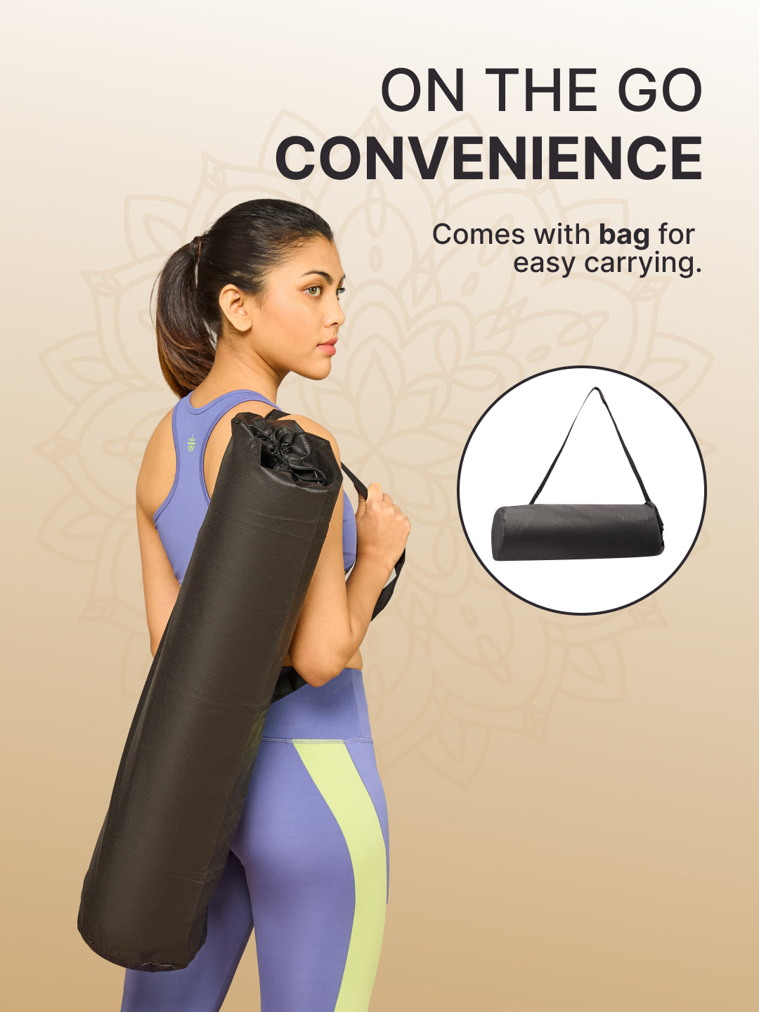 TPE 6mm Yoga Mat Black with Carry Bag & Yoga Belt Black