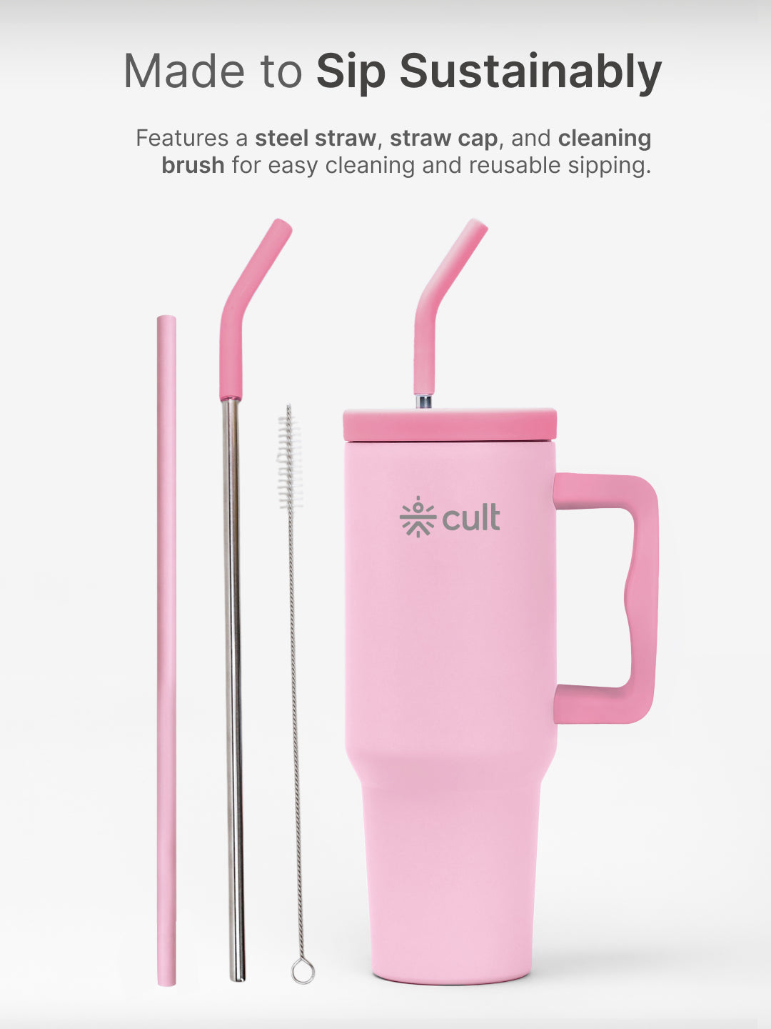 cult Tumbler 1200ML Steel Straw with Straw Cap and Cleaner Unisex Pink