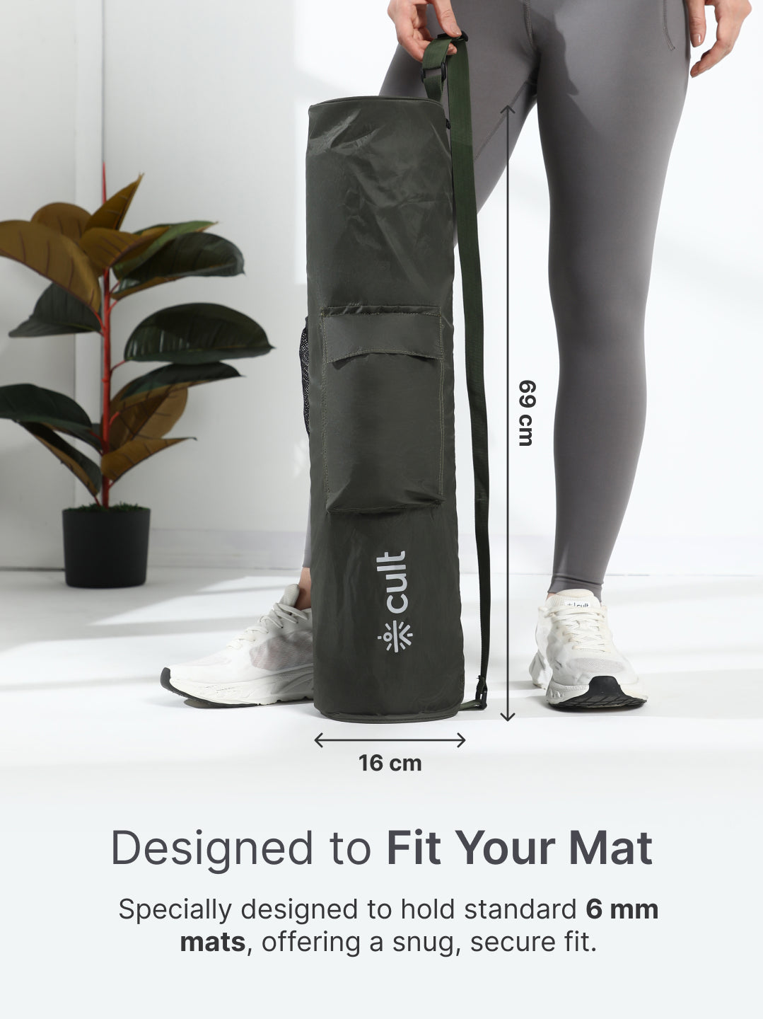 cult Yoga Mat Bag Olive with Adjustable Shoulder Strap Fits Up to 6mm Mat