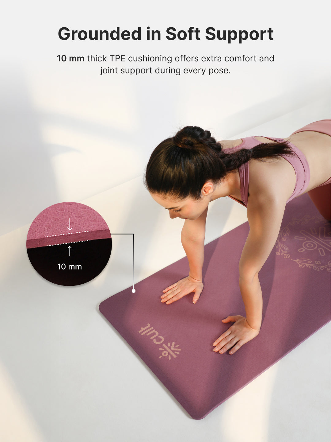 CULT TPE Yoga Mat 10mm Extra Thick with Carry Strap and Bag Non-Toxic, Latex-Free, Anti-Slip, Tear-Resistant & Lightweight Superior Cushioning for Joint Support, Ideal for Yoga, Pilates, Meditation & Home Workouts - Maroon