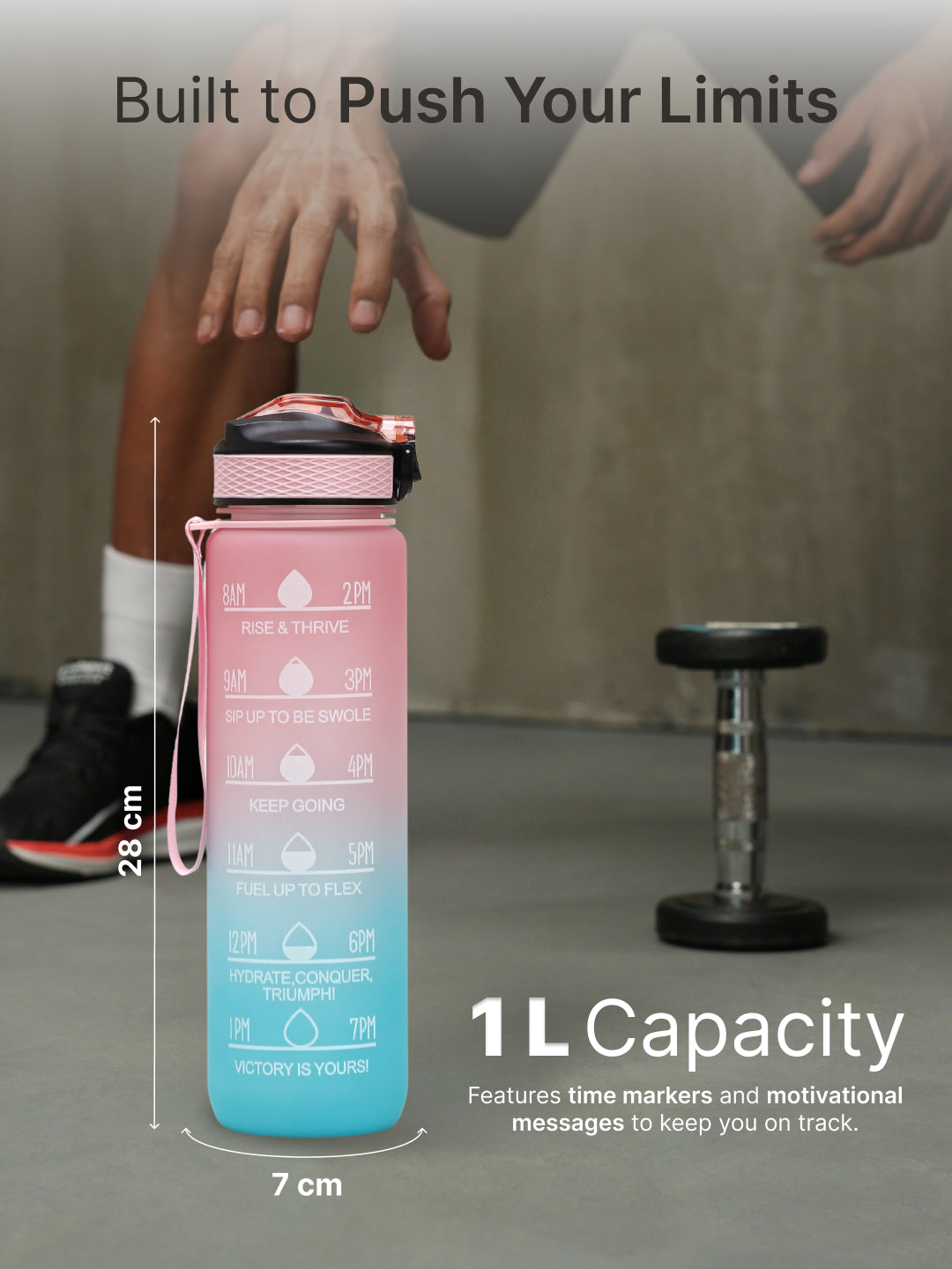 cult Motivational Bottle 1L Unisex Time Mark Sipper with Straw Blue Pink