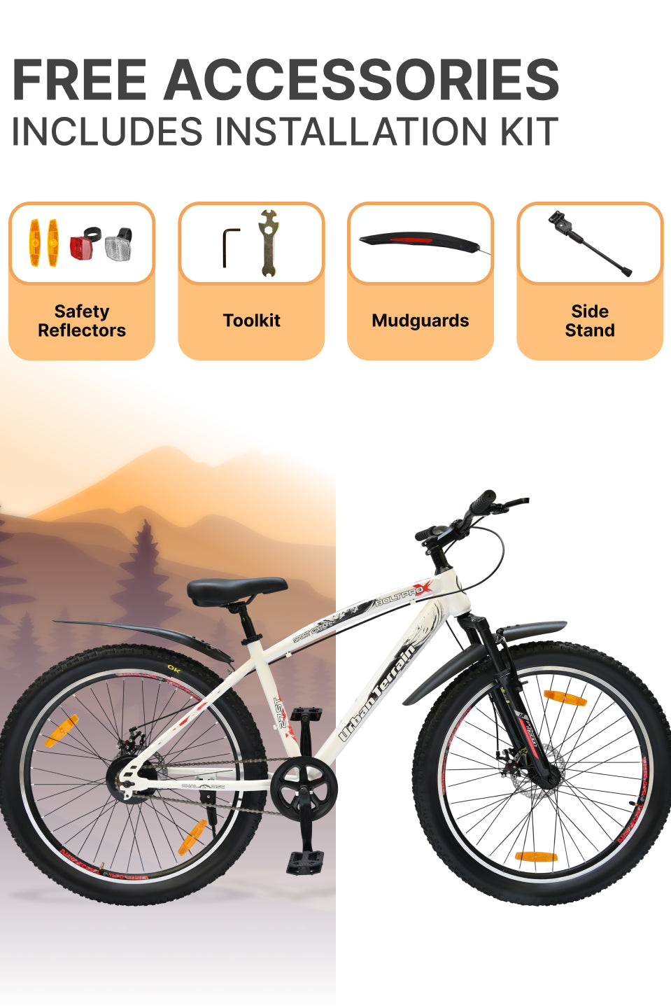 Bolt Pro Mountain Bike Steel Single Speed 27.5 inch Tyre with Dual Disc Brakes, Front Suspension, Double Wall Alloy Rim, White