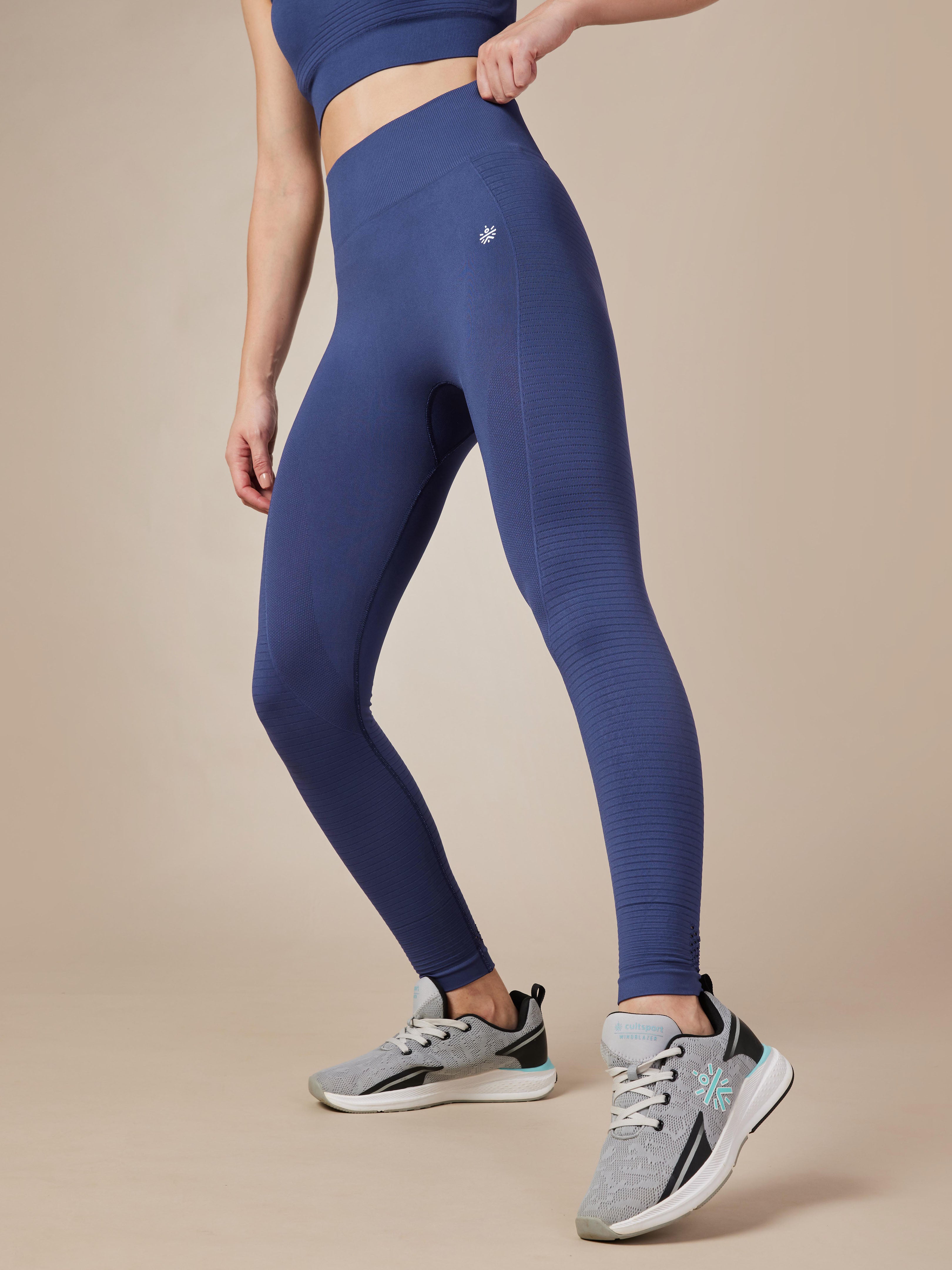 Women's Seamless Body Snug Jacquard Structured Blue Sports Tights