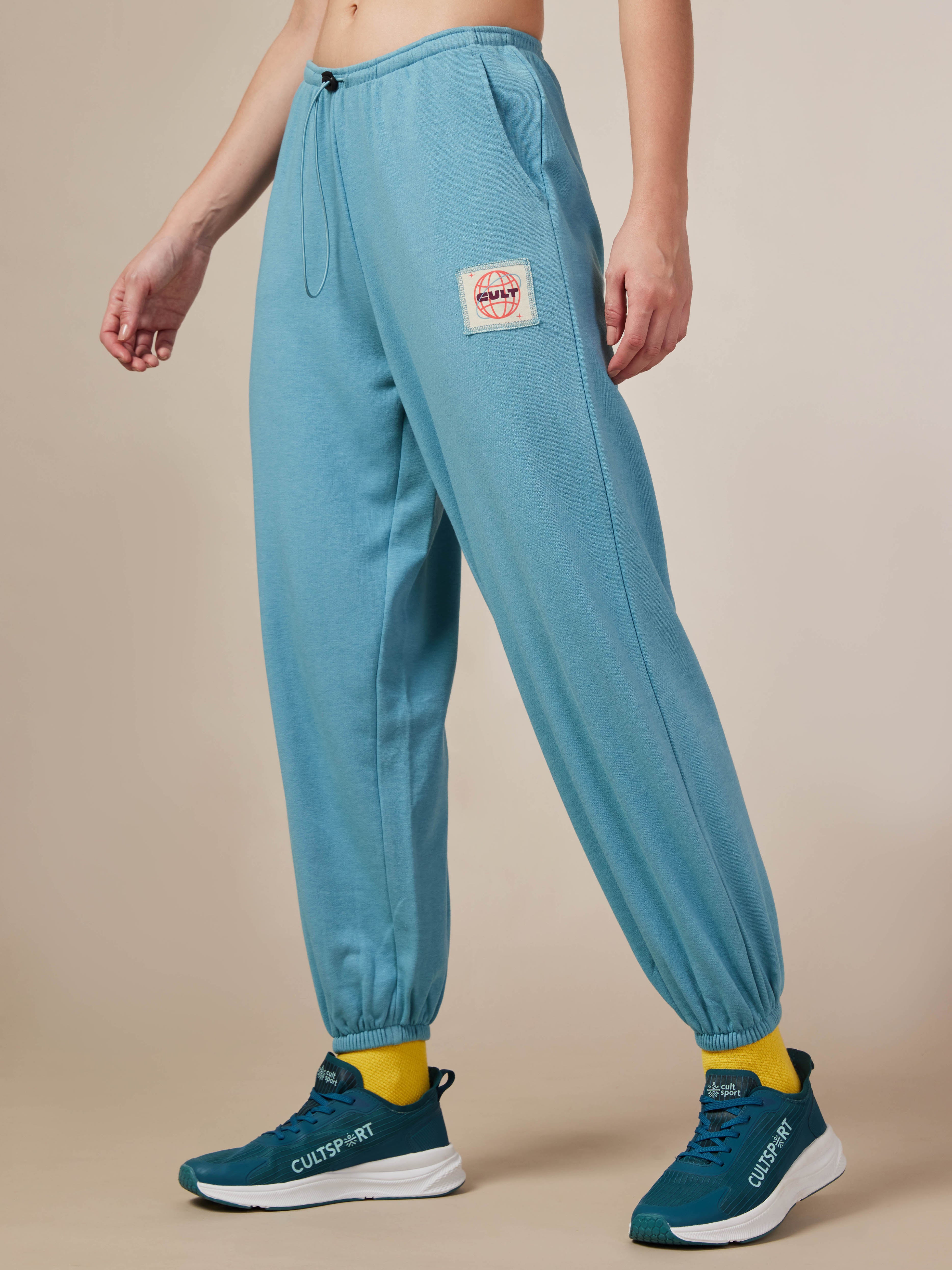 Women's Blue Cult Printed Patch Baggy Joggers