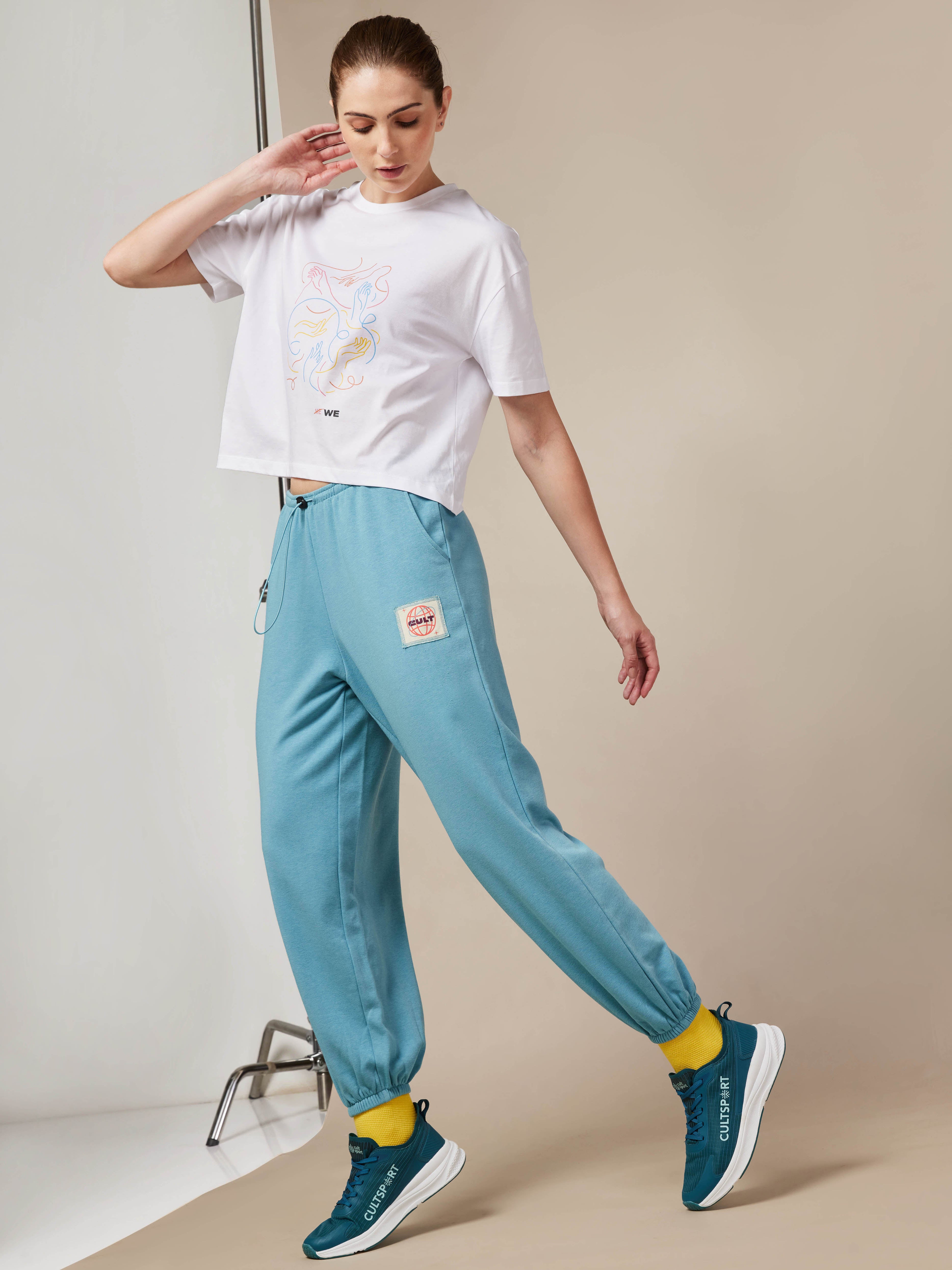 Women's Blue Cult Printed Patch Baggy Joggers