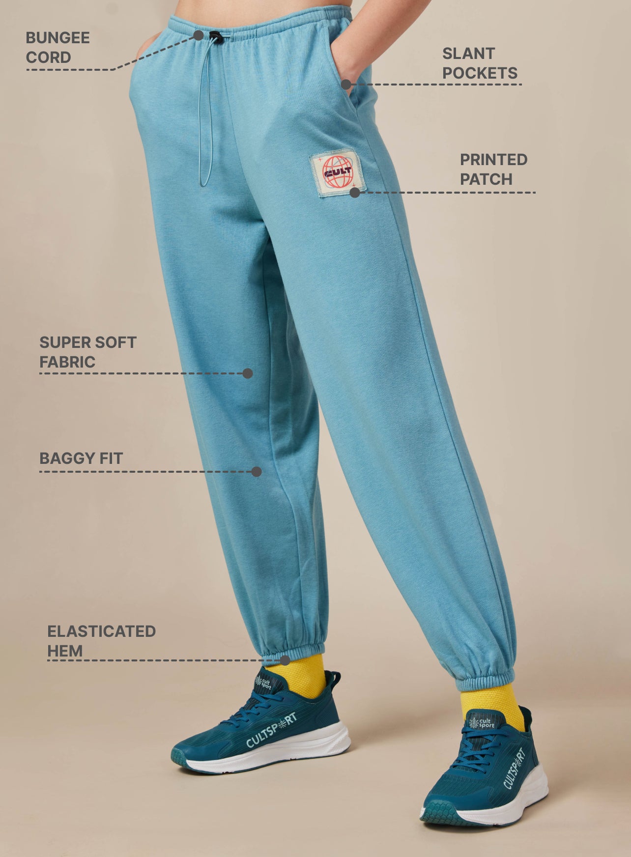 Women's Blue Cult Printed Patch Baggy Joggers