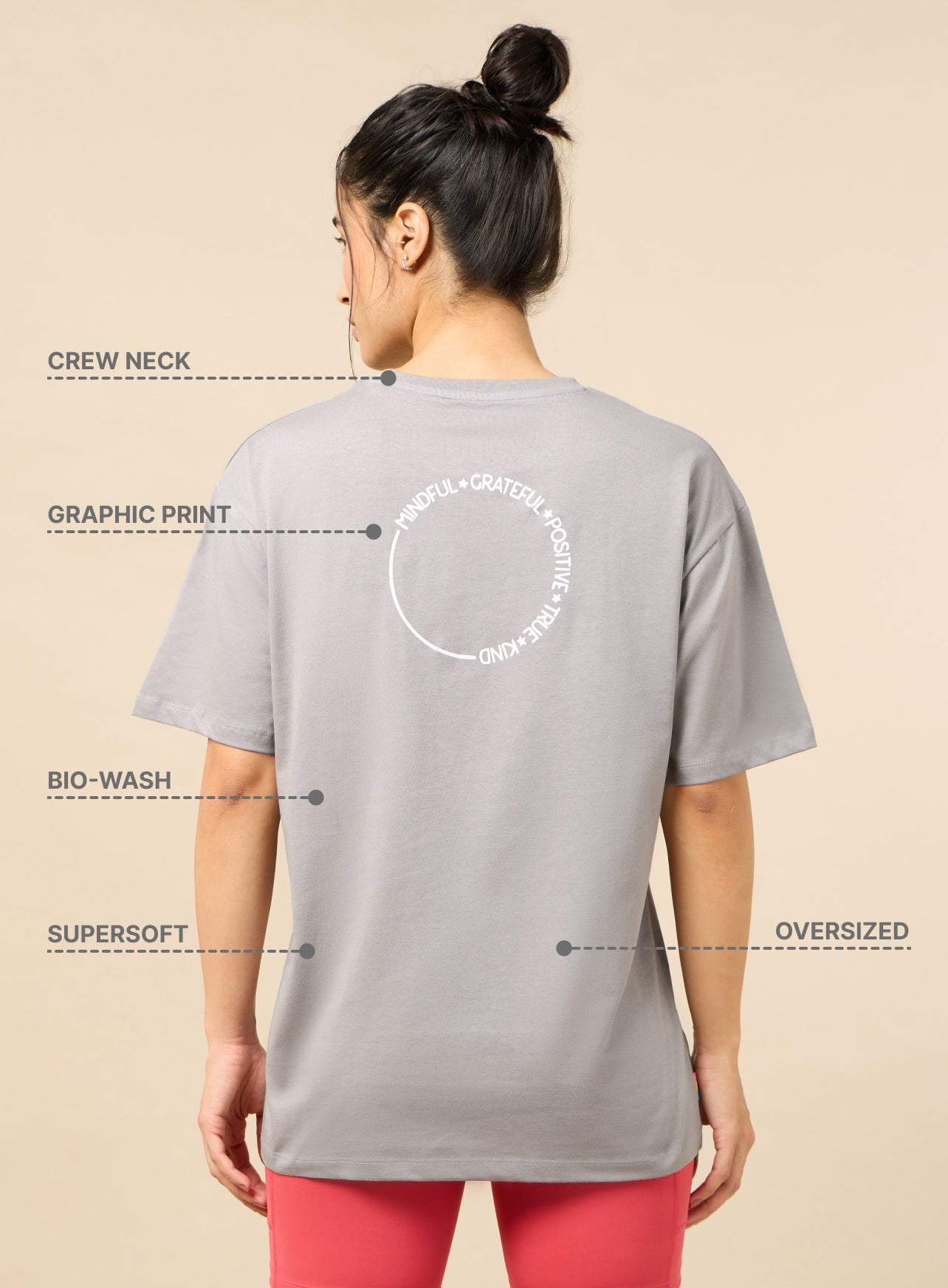 Women's Circle Of Positive Grey Printed Oversized T-shirt