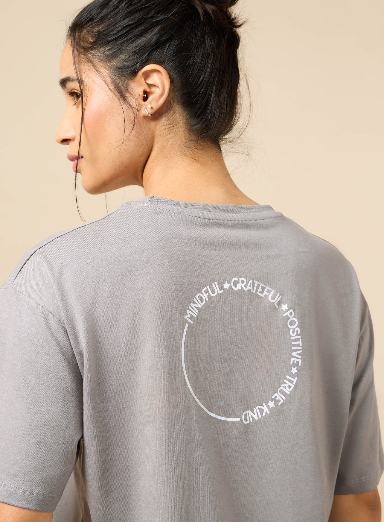 Women's Circle Of Positive Grey Printed Oversized T-shirt