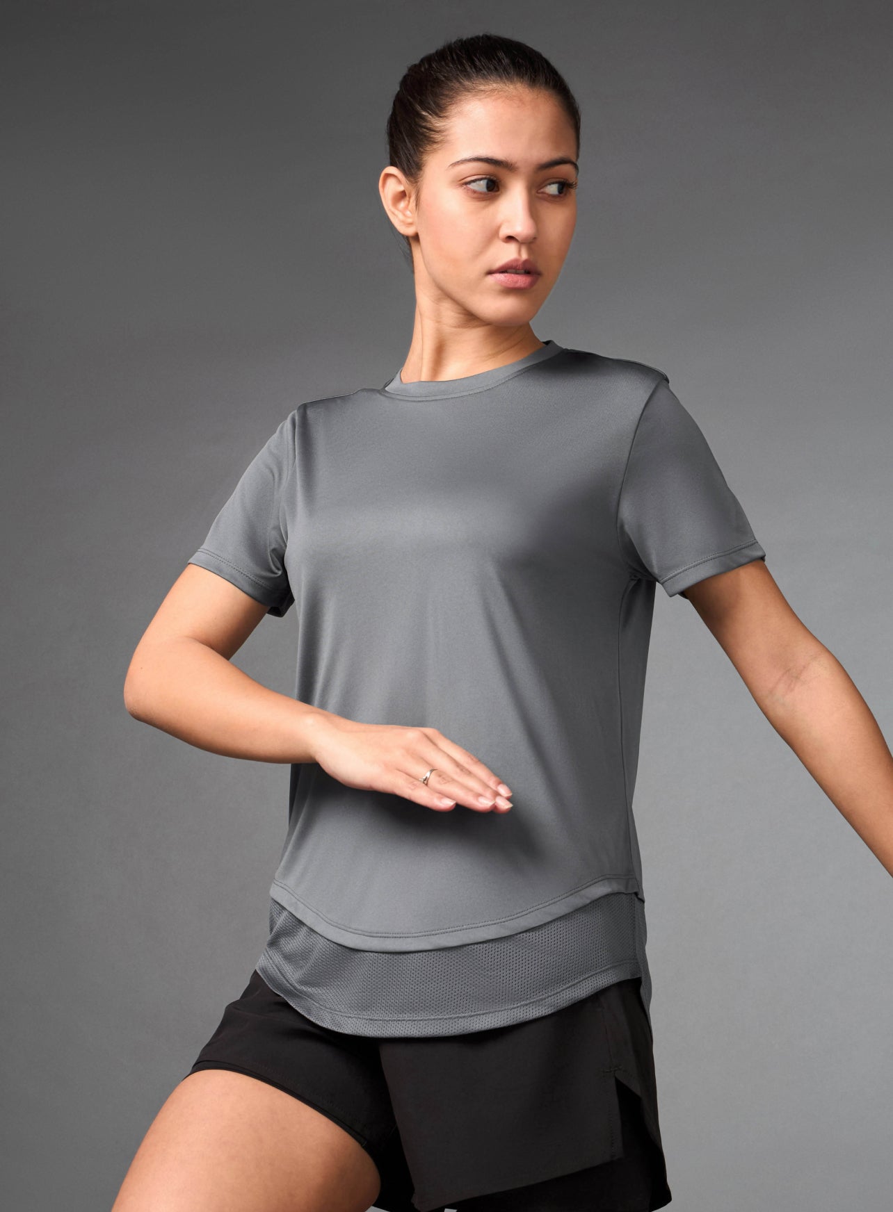 Women's Layered Hem Grey Running Top