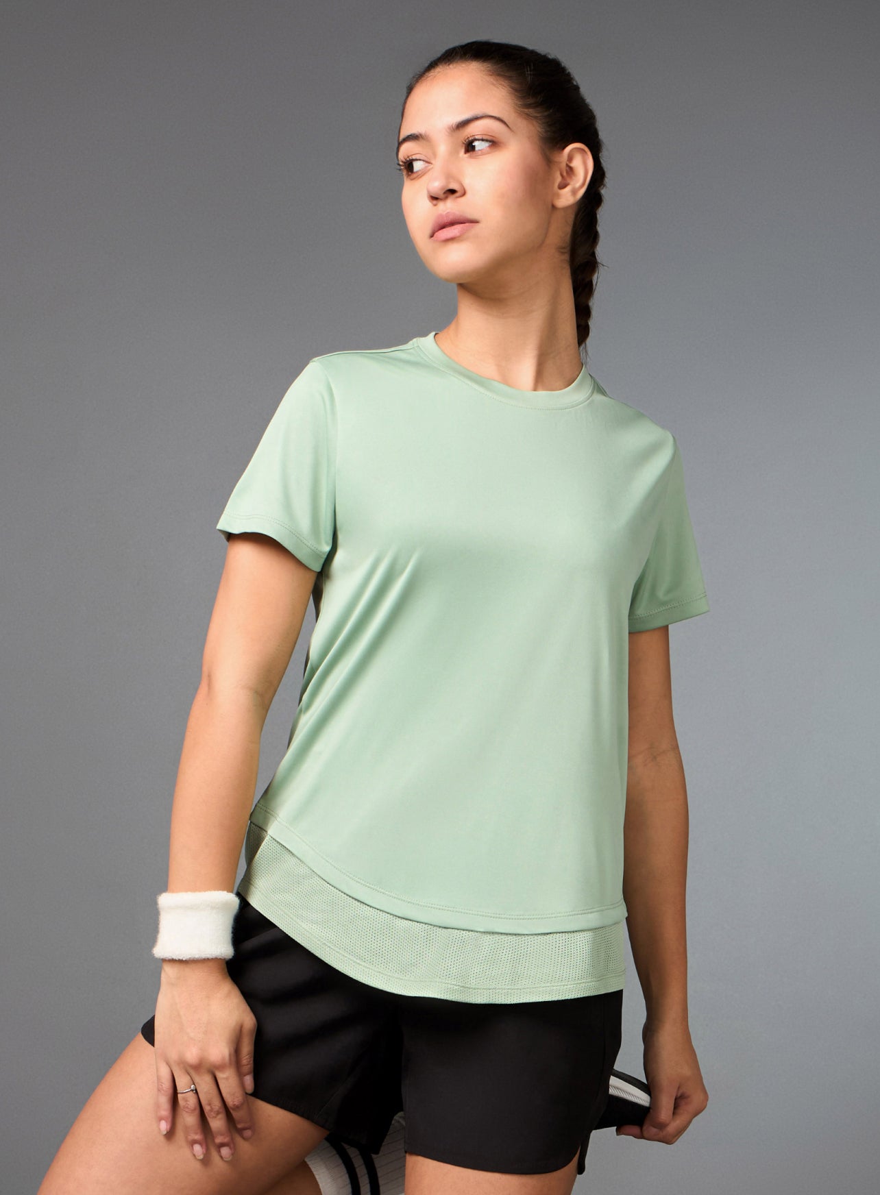 Women's Layered Hem Light Green Running Top