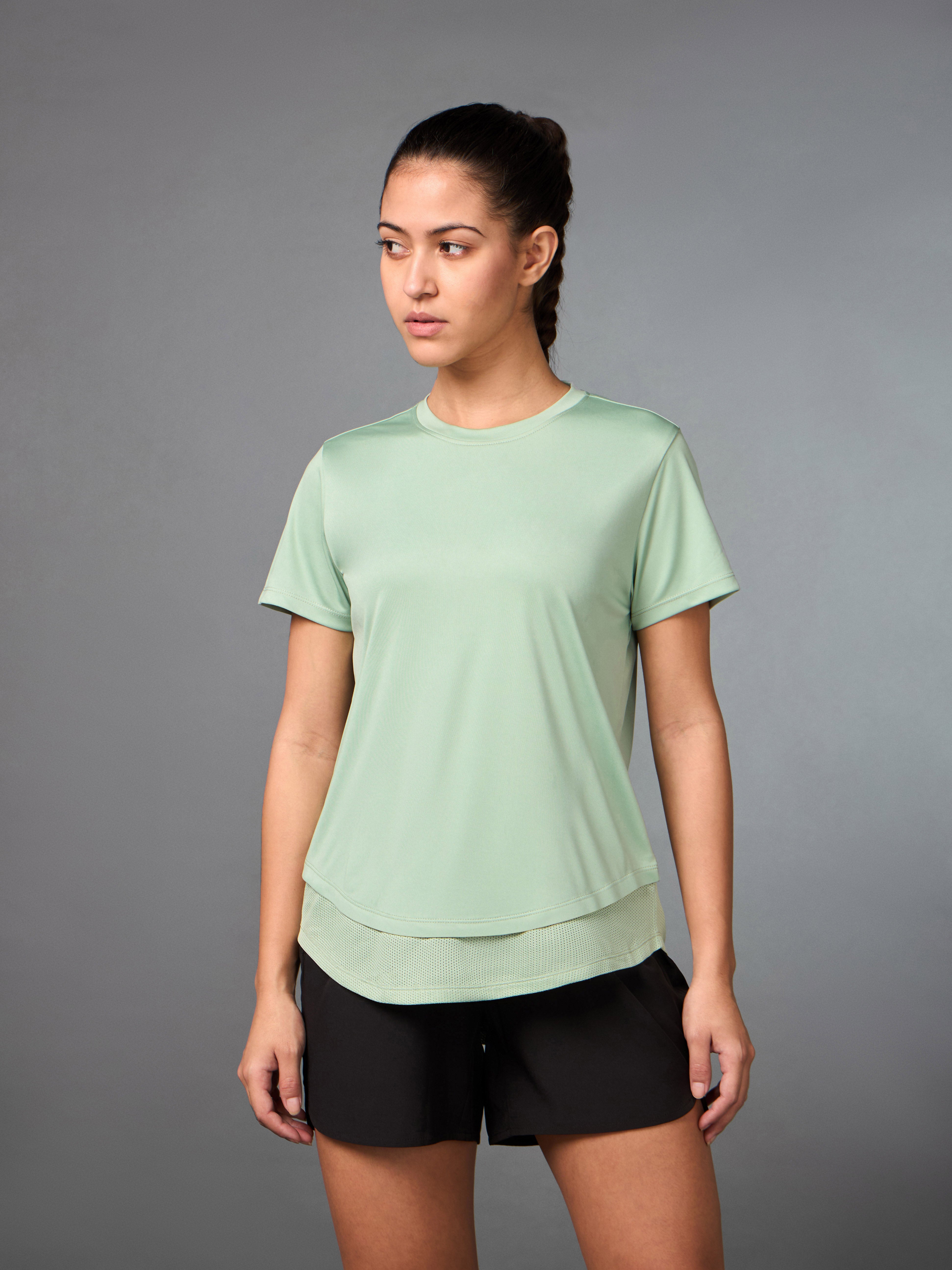 Women's Layered Hem Light Green Running Top