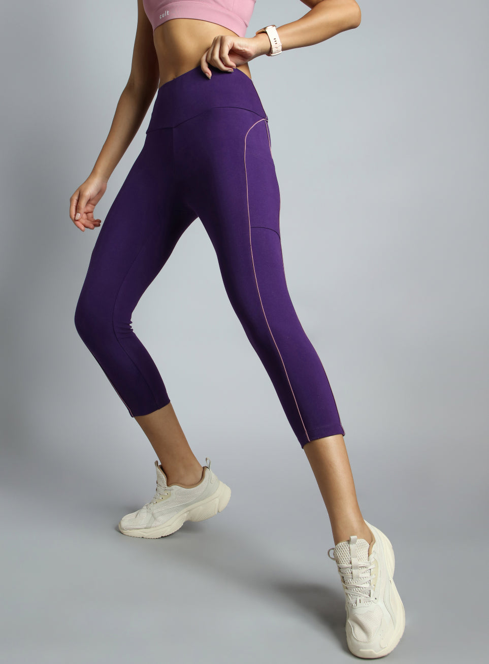 Women's Purple Flow Form Cotton Lycra Cropped Tights