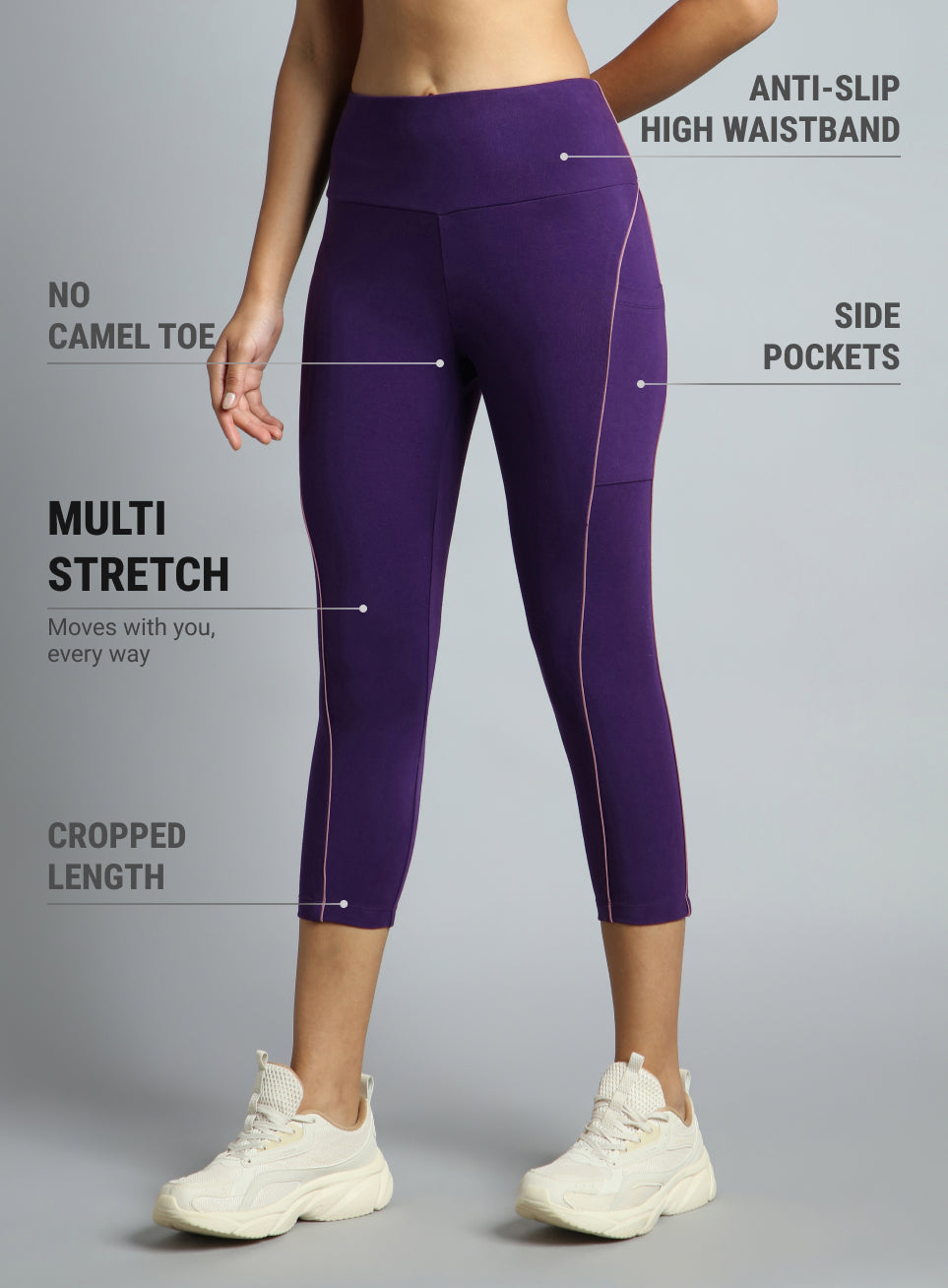 Women's Purple Flow Form Cotton Lycra Cropped Tights