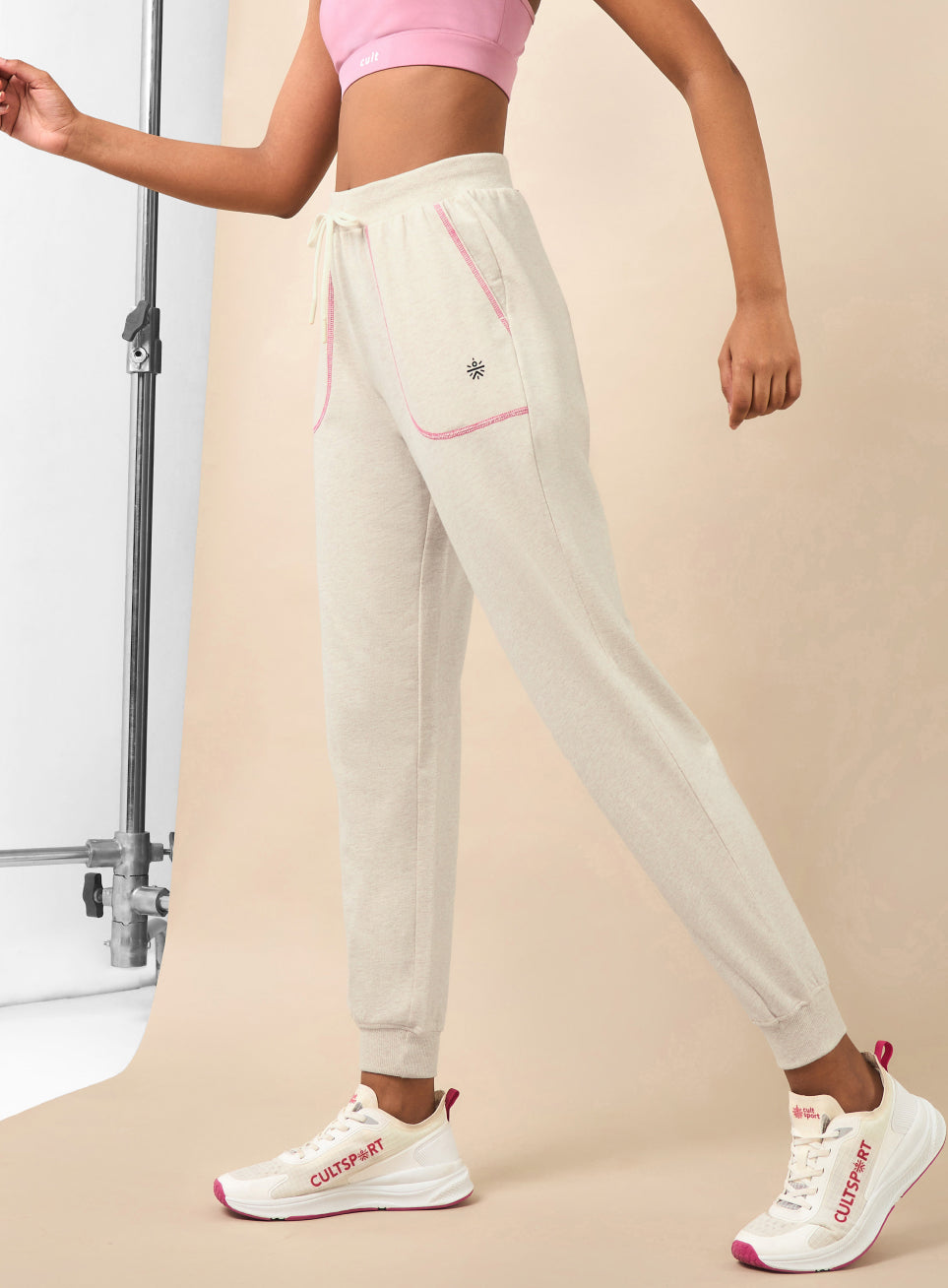 Women's Beige Melange Pop Up Thread Leisure Joggers