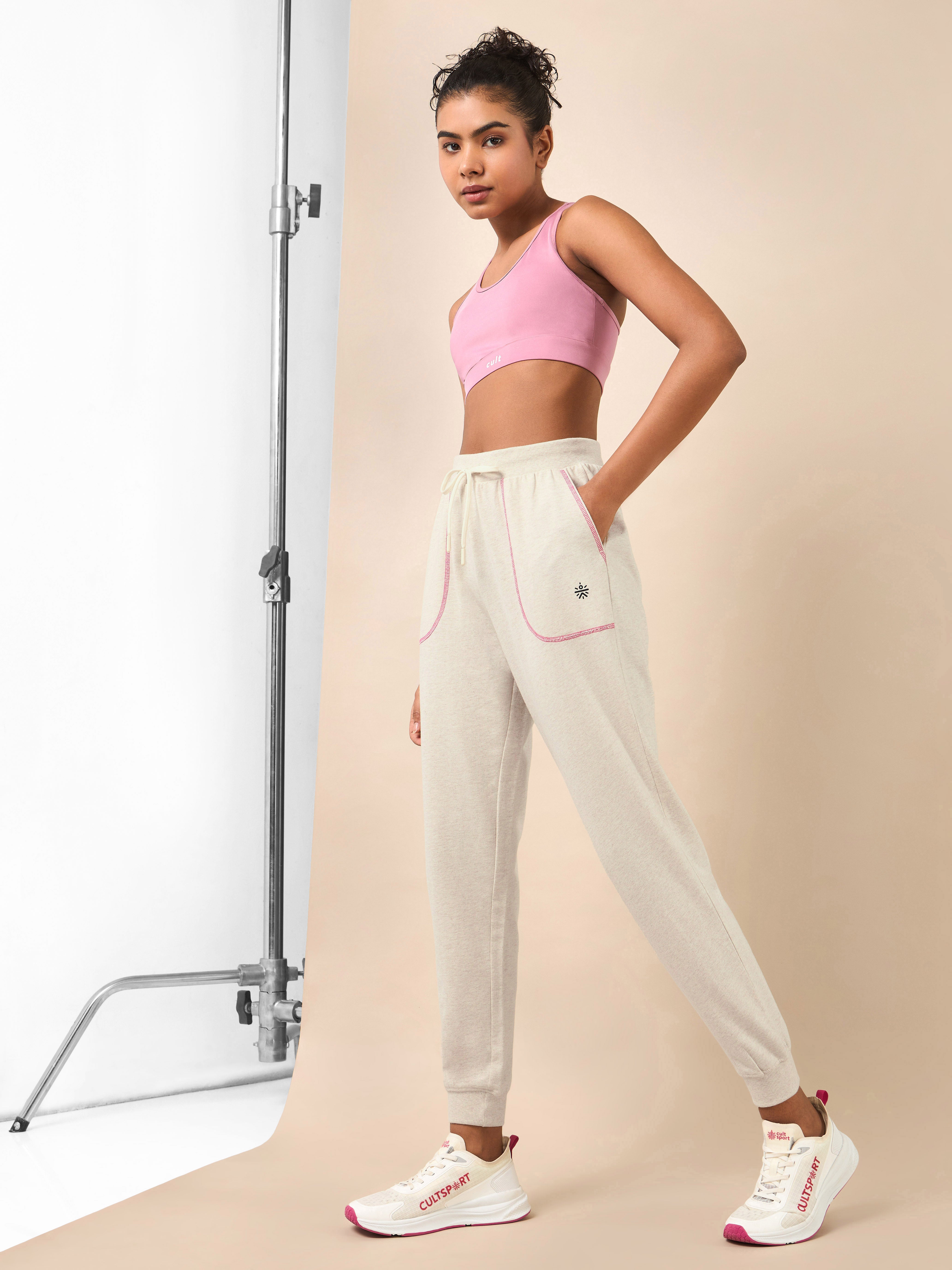 Women's Beige Melange Pop Up Thread Leisure Joggers