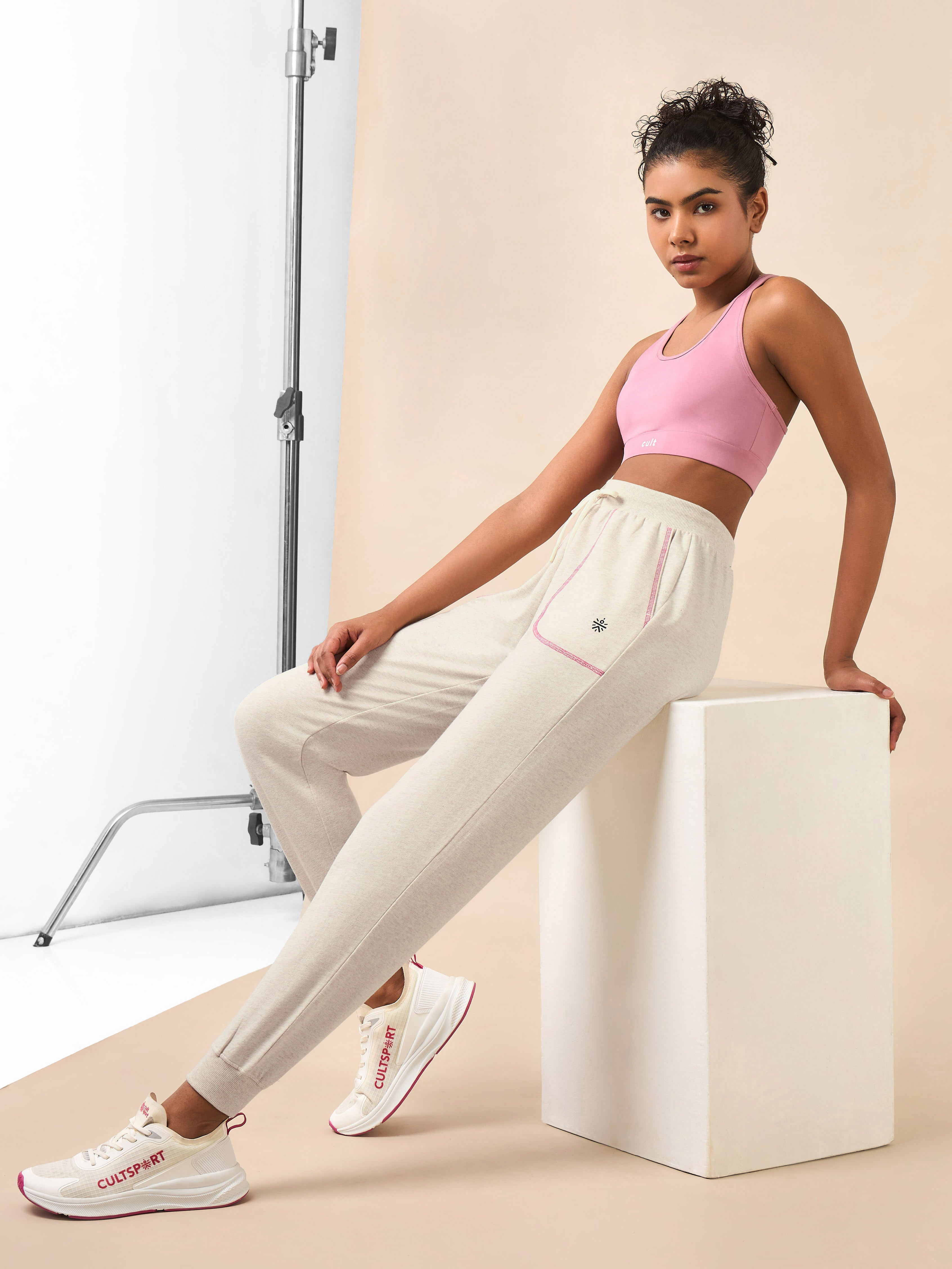 Women's Beige Melange Pop Up Thread Leisure Joggers