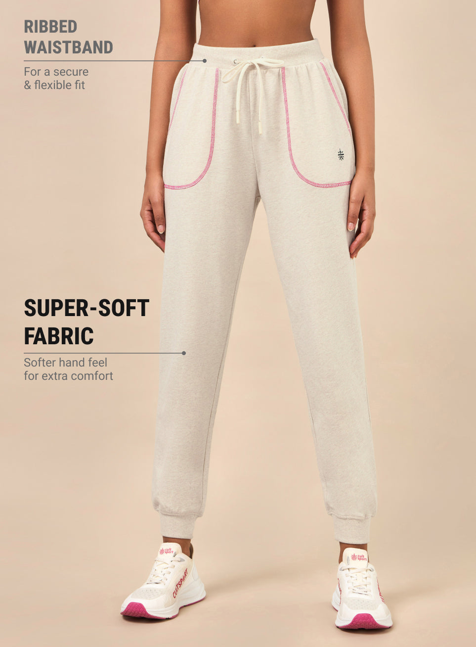 Women's Beige Melange Pop Up Thread Leisure Joggers