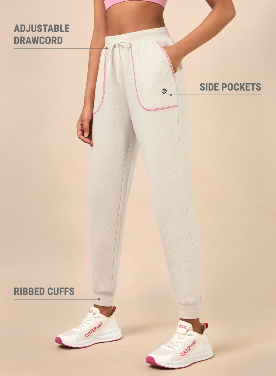 Women's Beige Melange Pop Up Thread Leisure Joggers