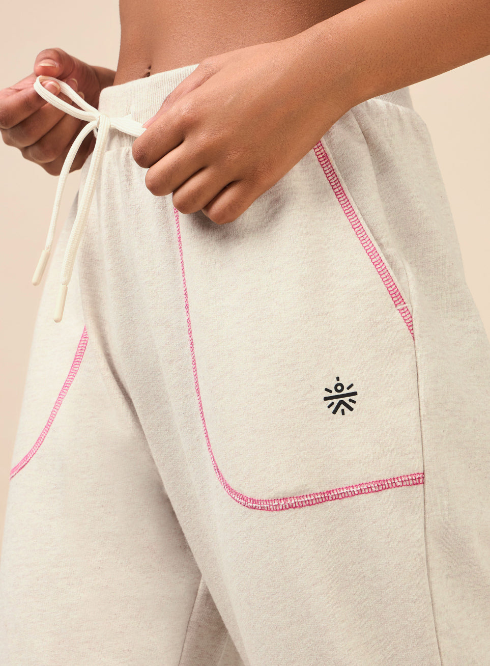 Women's Beige Melange Pop Up Thread Leisure Joggers