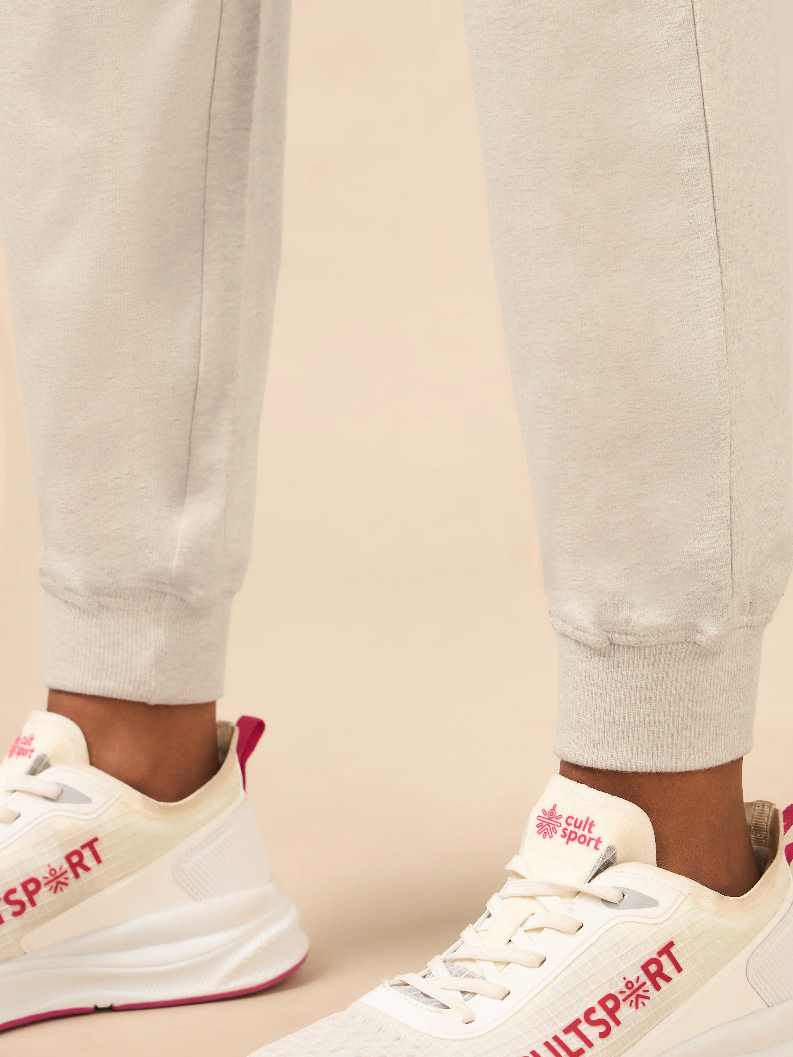 Women's Beige Melange Pop Up Thread Leisure Joggers