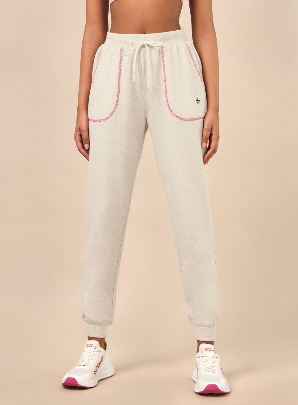 Women's Beige Melange Pop Up Thread Leisure Joggers