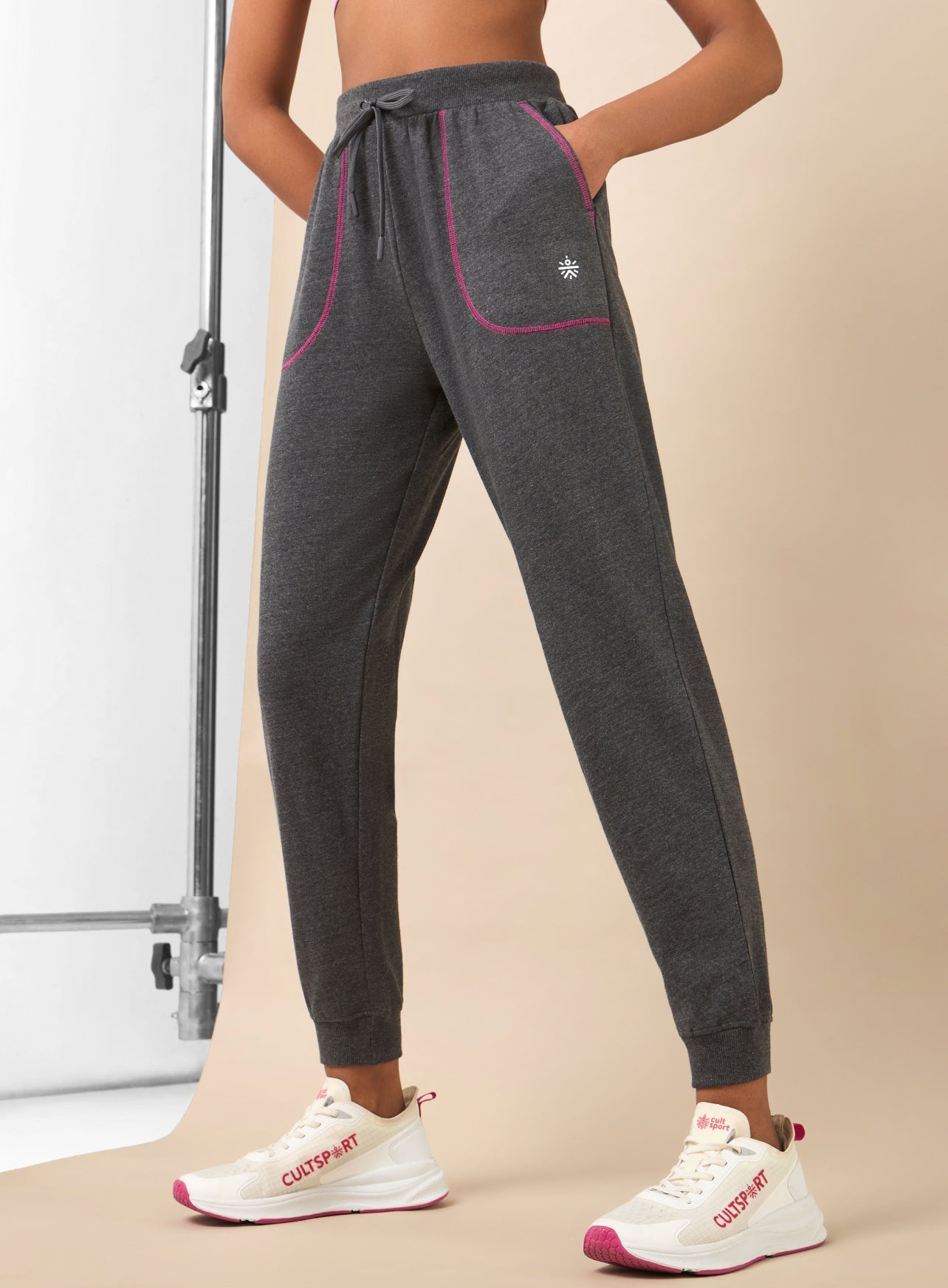 Women's Grey Melange Pop Up Thread Leisure Joggers