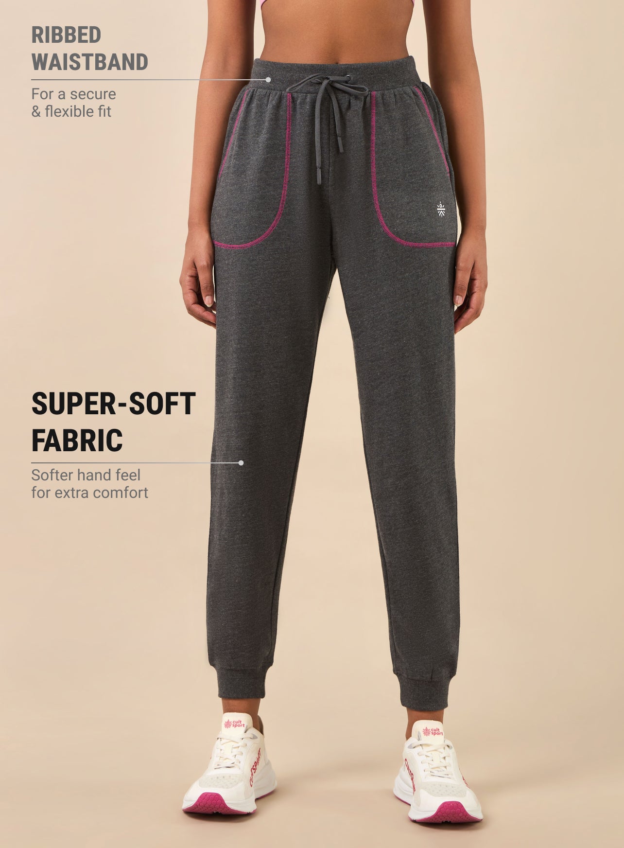 Women's Grey Melange Pop Up Thread Leisure Joggers