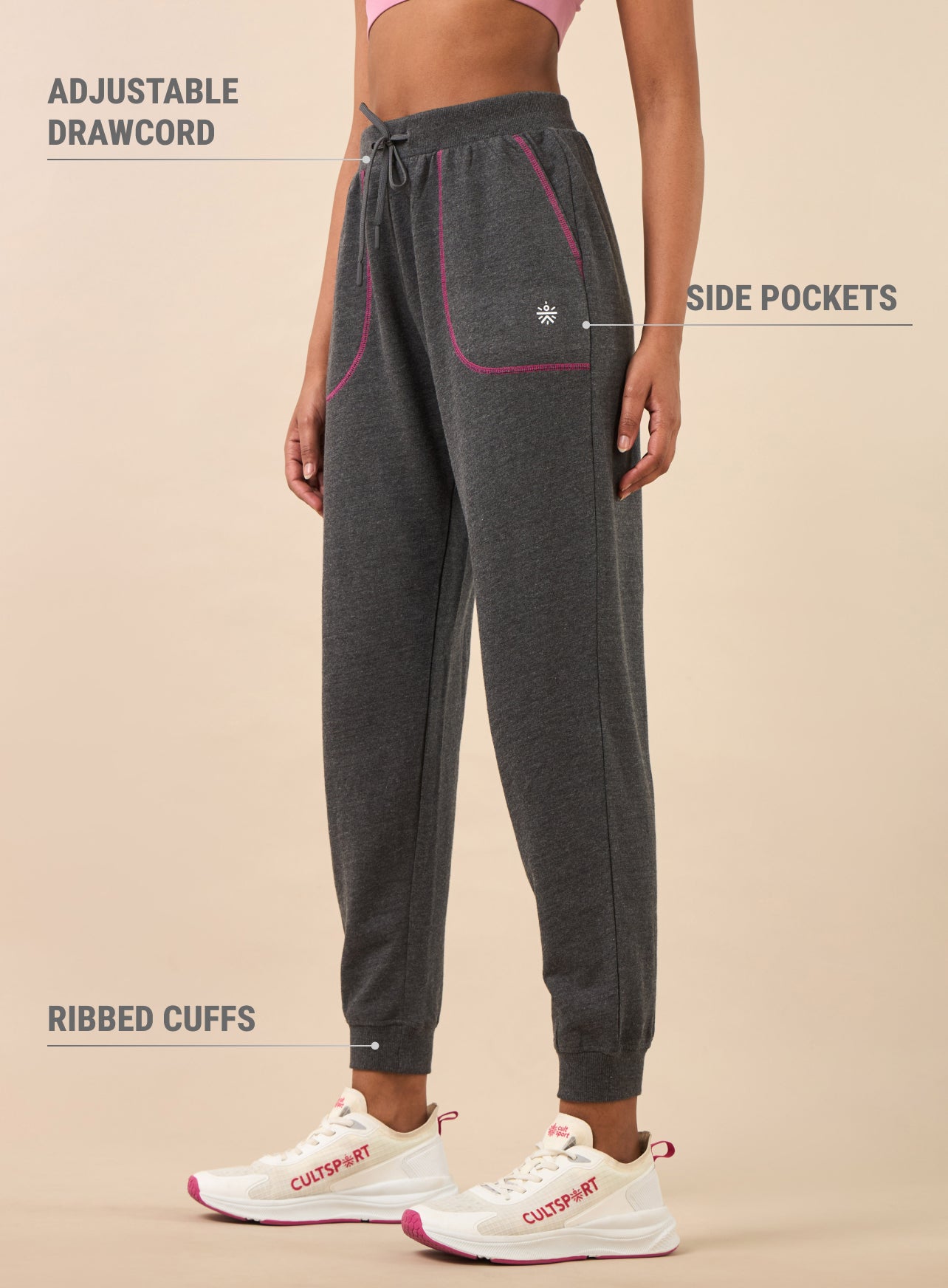 Women's Grey Melange Pop Up Thread Leisure Joggers