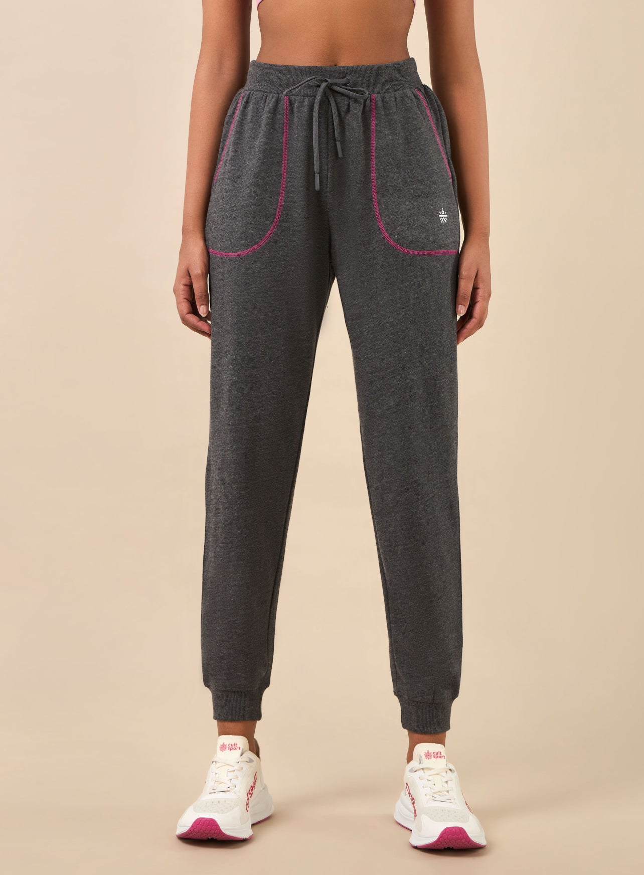 Women's Grey Melange Pop Up Thread Leisure Joggers