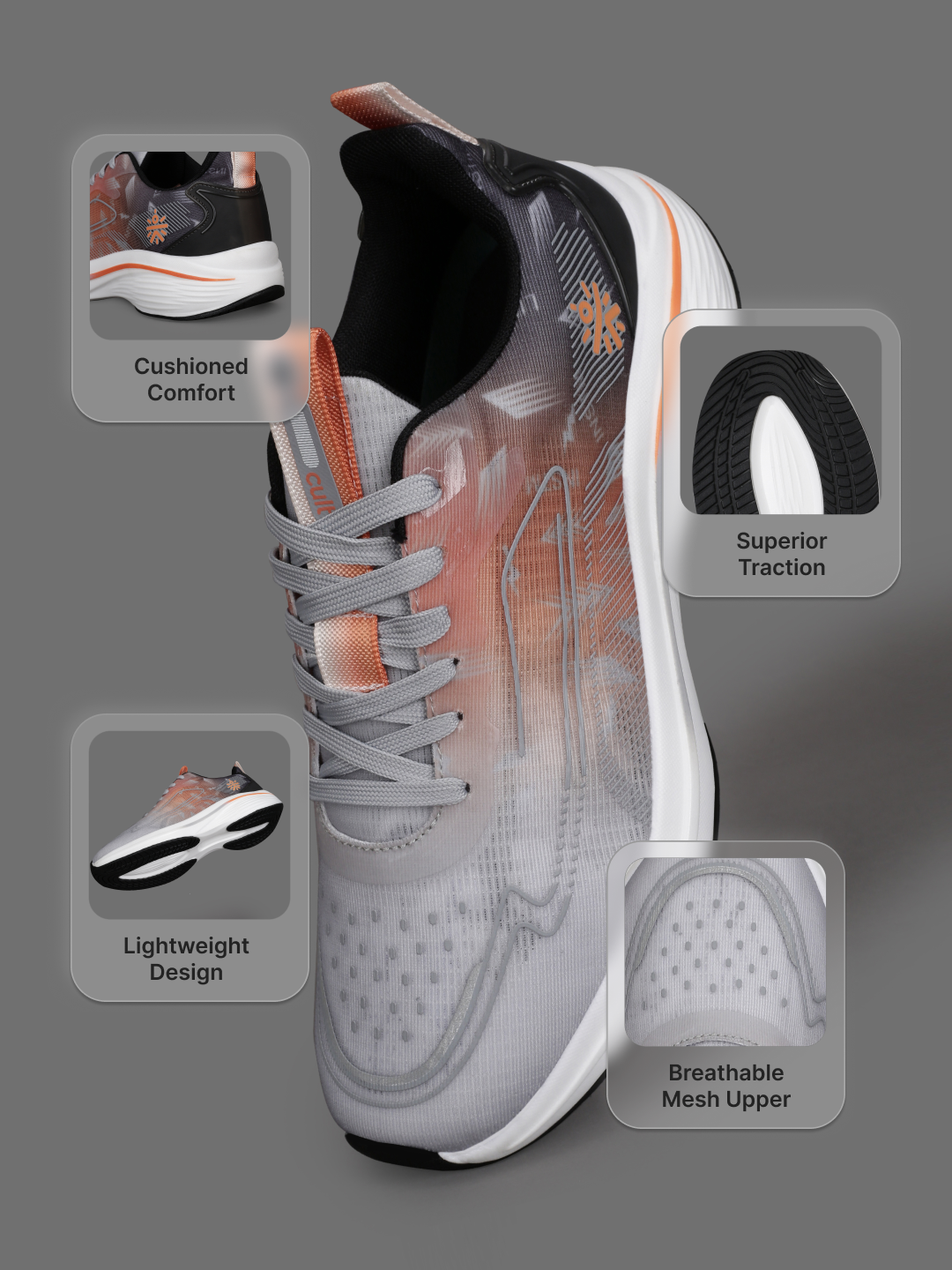 cult Men's Xypher Running Shoes - D.Grey/Orange