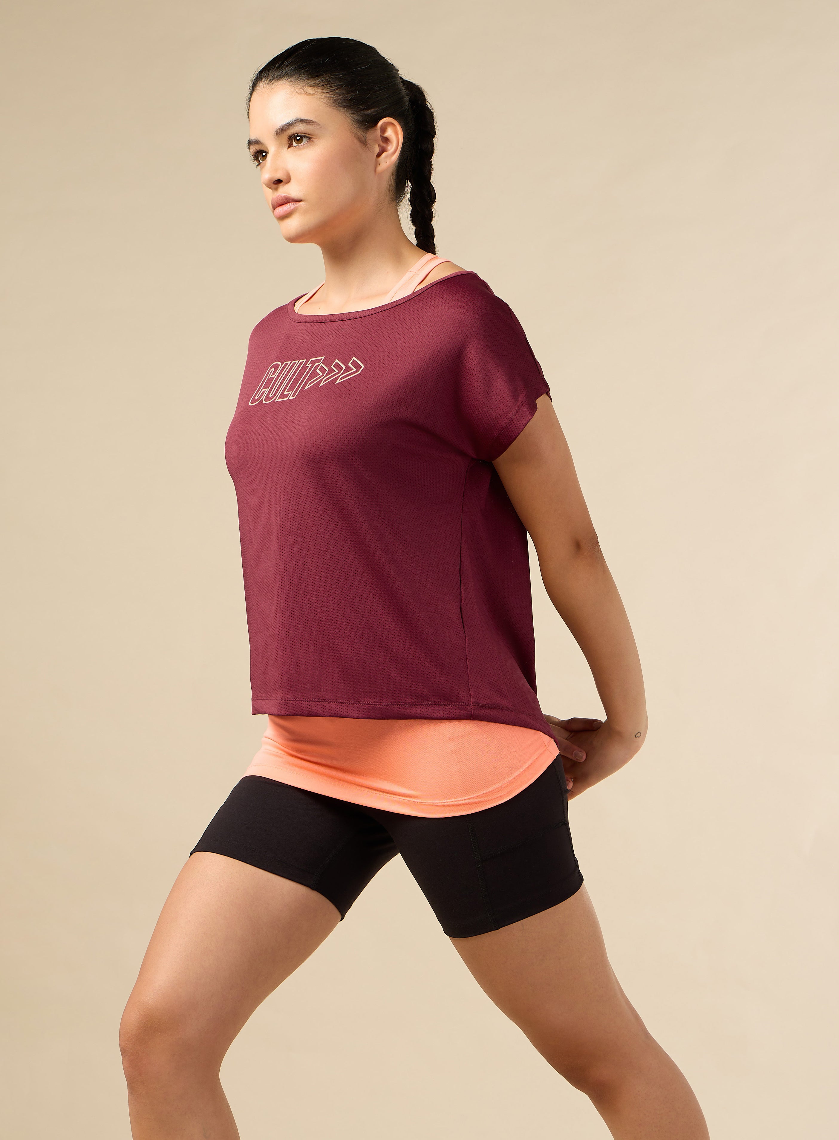 Women's 2in1 Layered Performance Maroon T-shirt