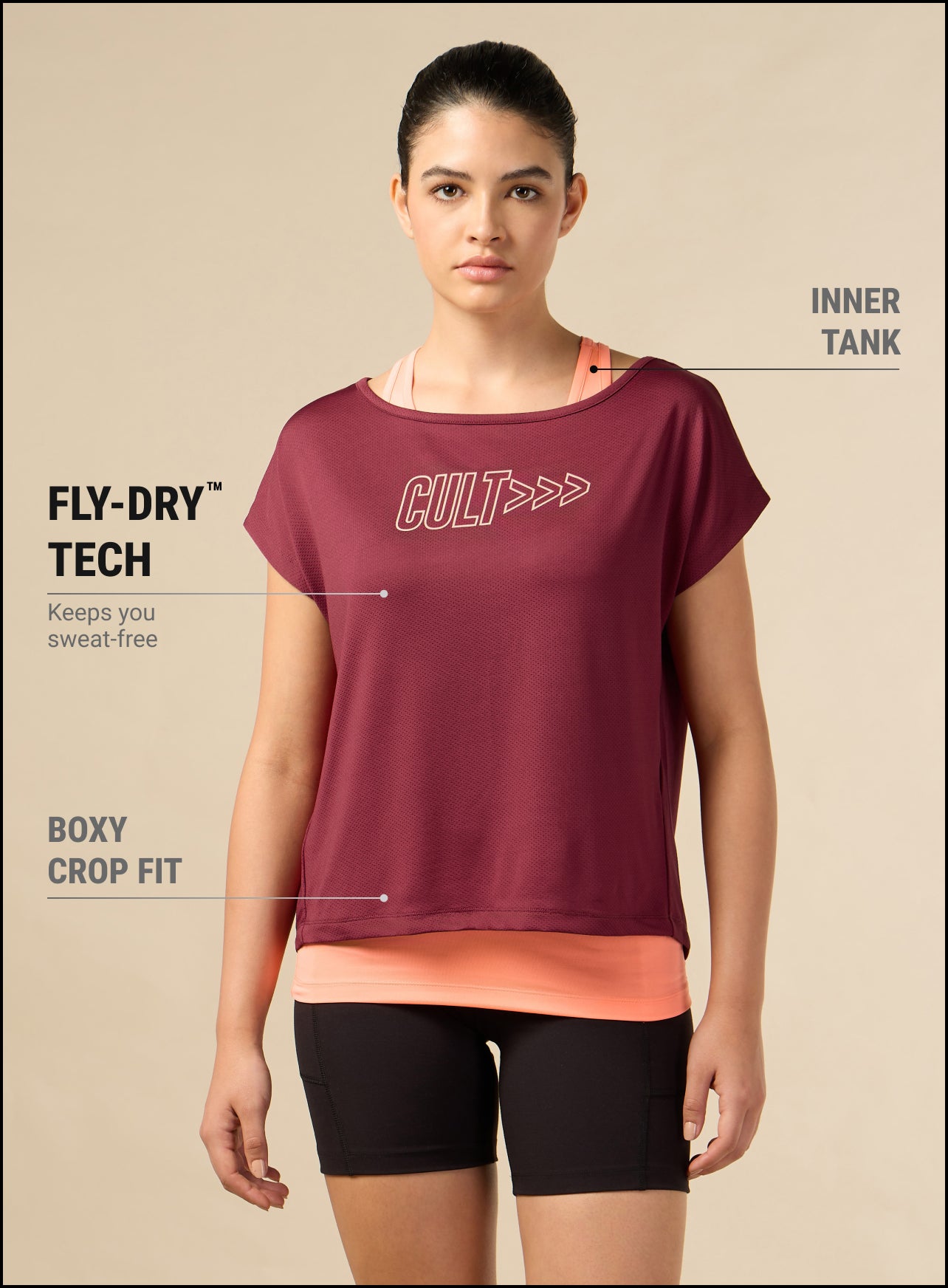 Women's 2in1 Layered Performance Maroon T-shirt